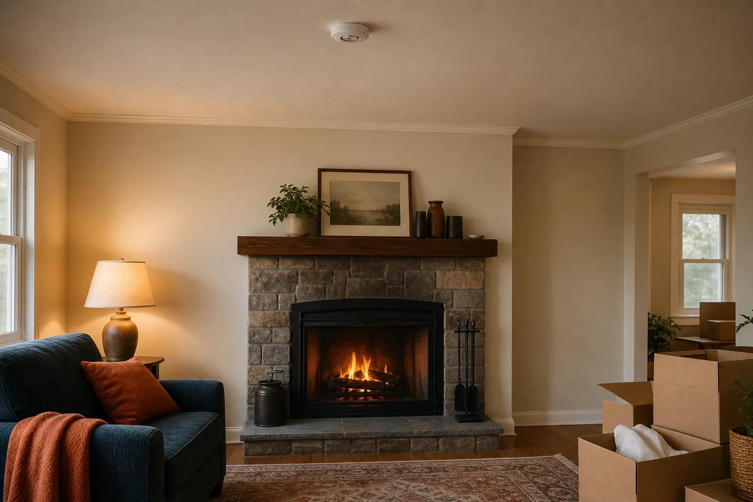 Small first fire burning in a clean fireplace of a newly moved-in living room