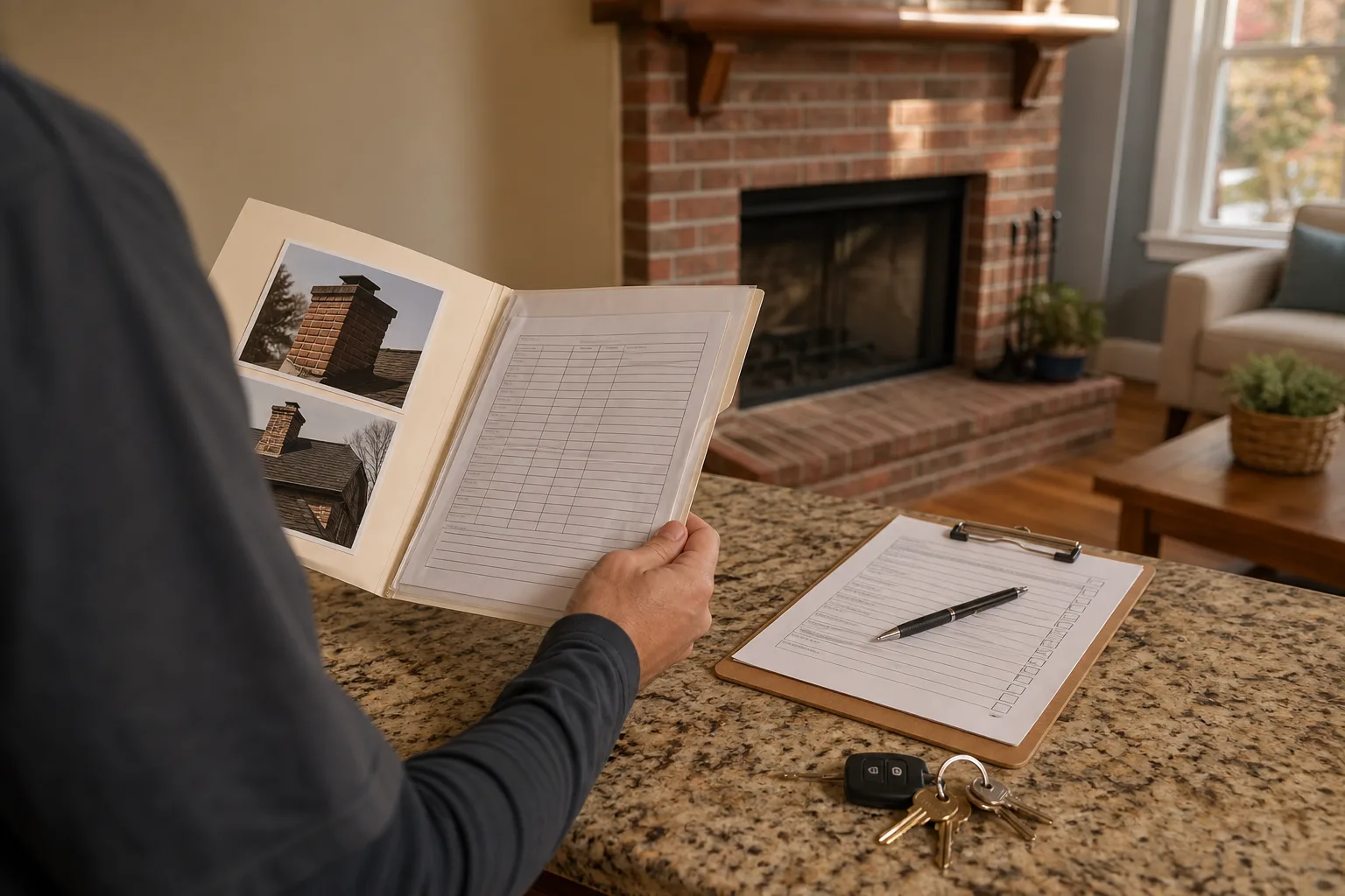 Hands holding service records and a checklist at a counter with a fireplace behind