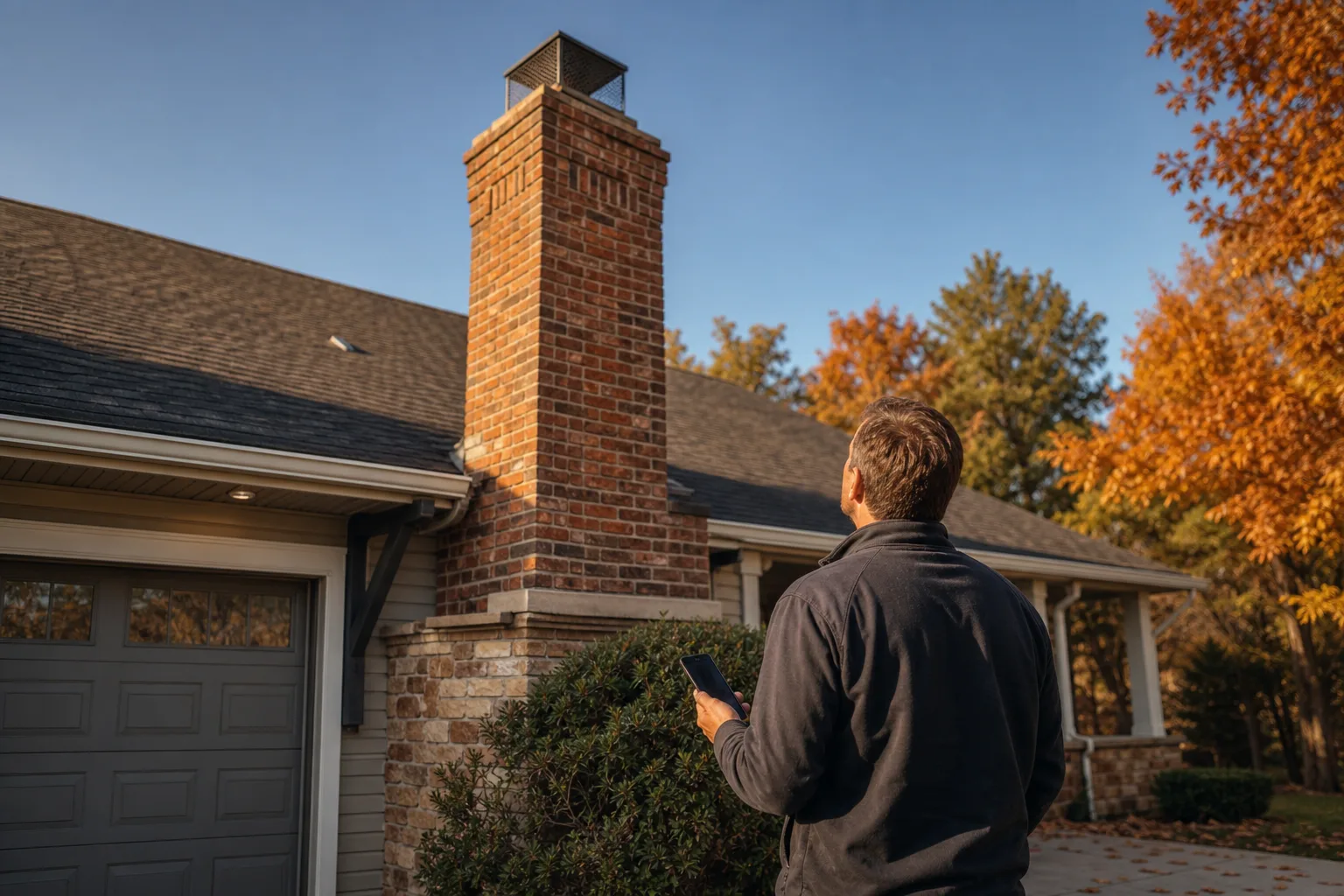 Chimney repointing near me: a homeowner in the driveway looking up at their chimney