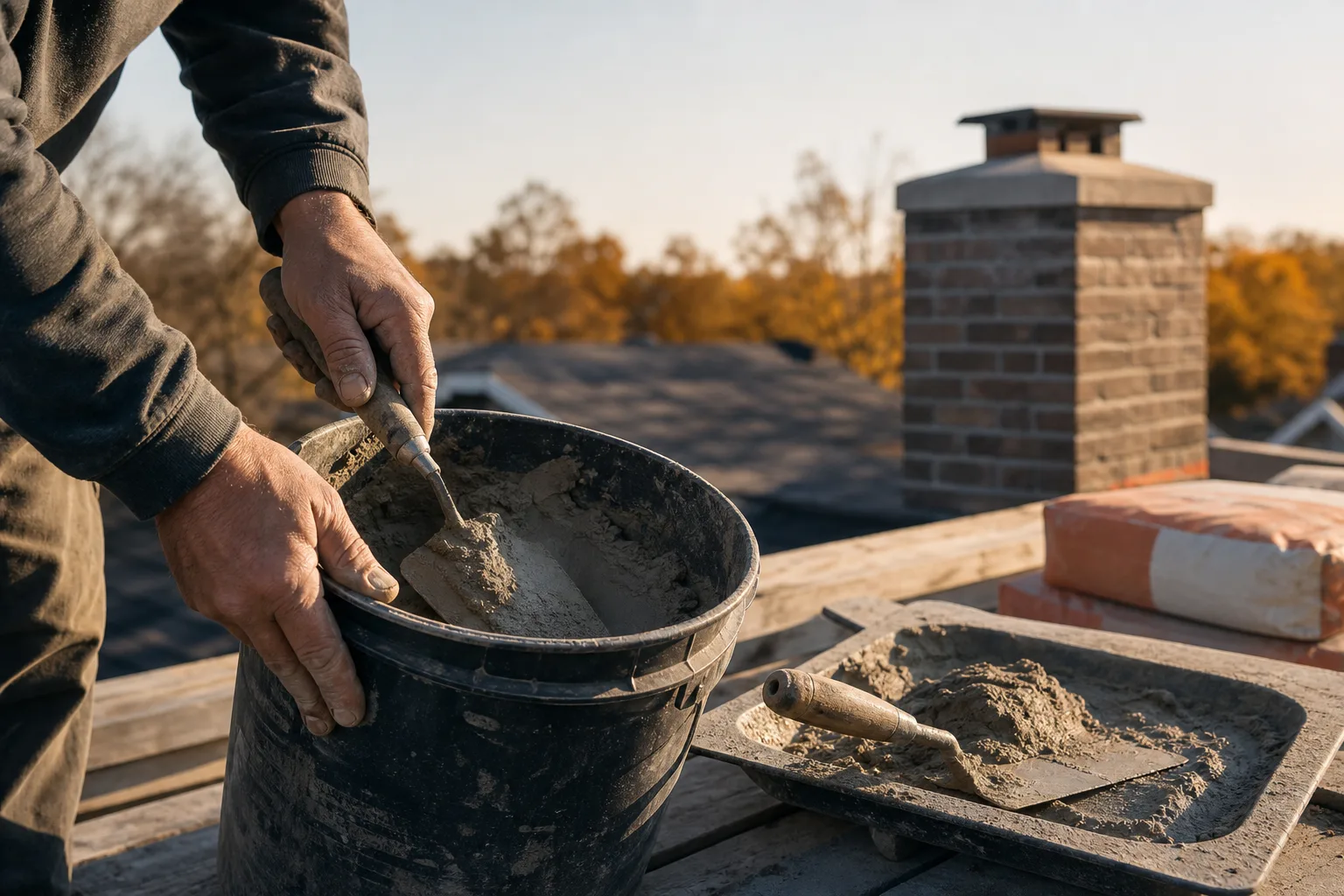 Chimney repointing near me: a mason mixing mortar on a rooftop work platform before repointing