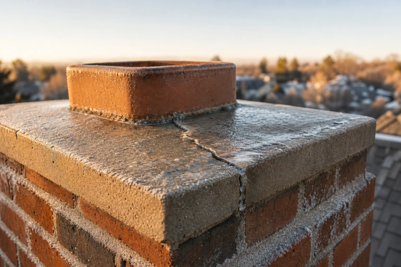 Chimney repointing near me: a cracked chimney crown with ice in the joint during freeze-thaw weather