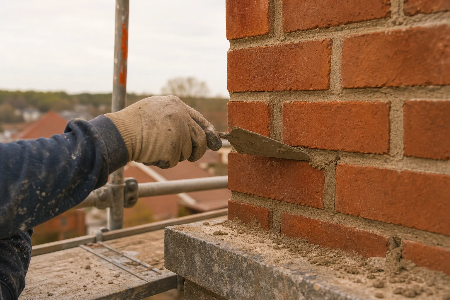 Chimney repointing near me: a mason packing fresh mortar into ground-out joints on a chimney stack