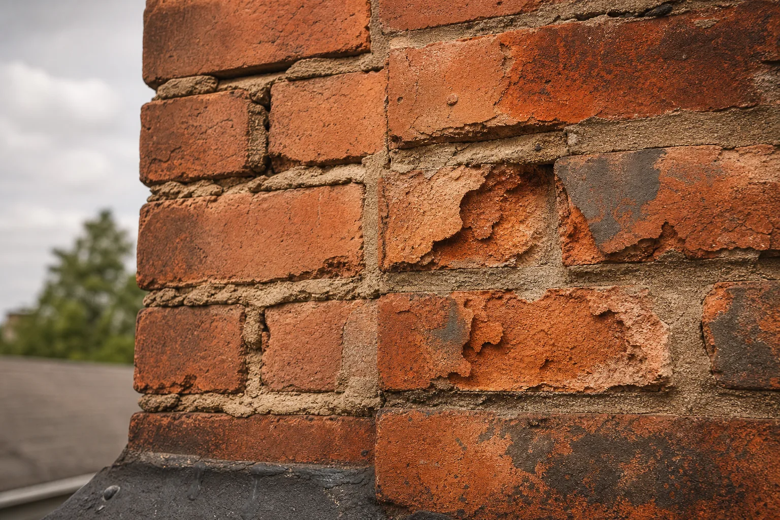 Chimney repointing near me: close-up comparing eroded mortar joints with spalled brick faces