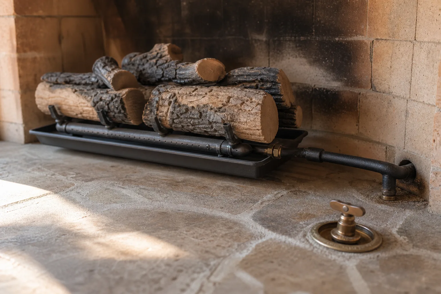Convert wood fireplace to gas: ceramic gas logs on a steel burner pan with the gas line and hearth key valve visible