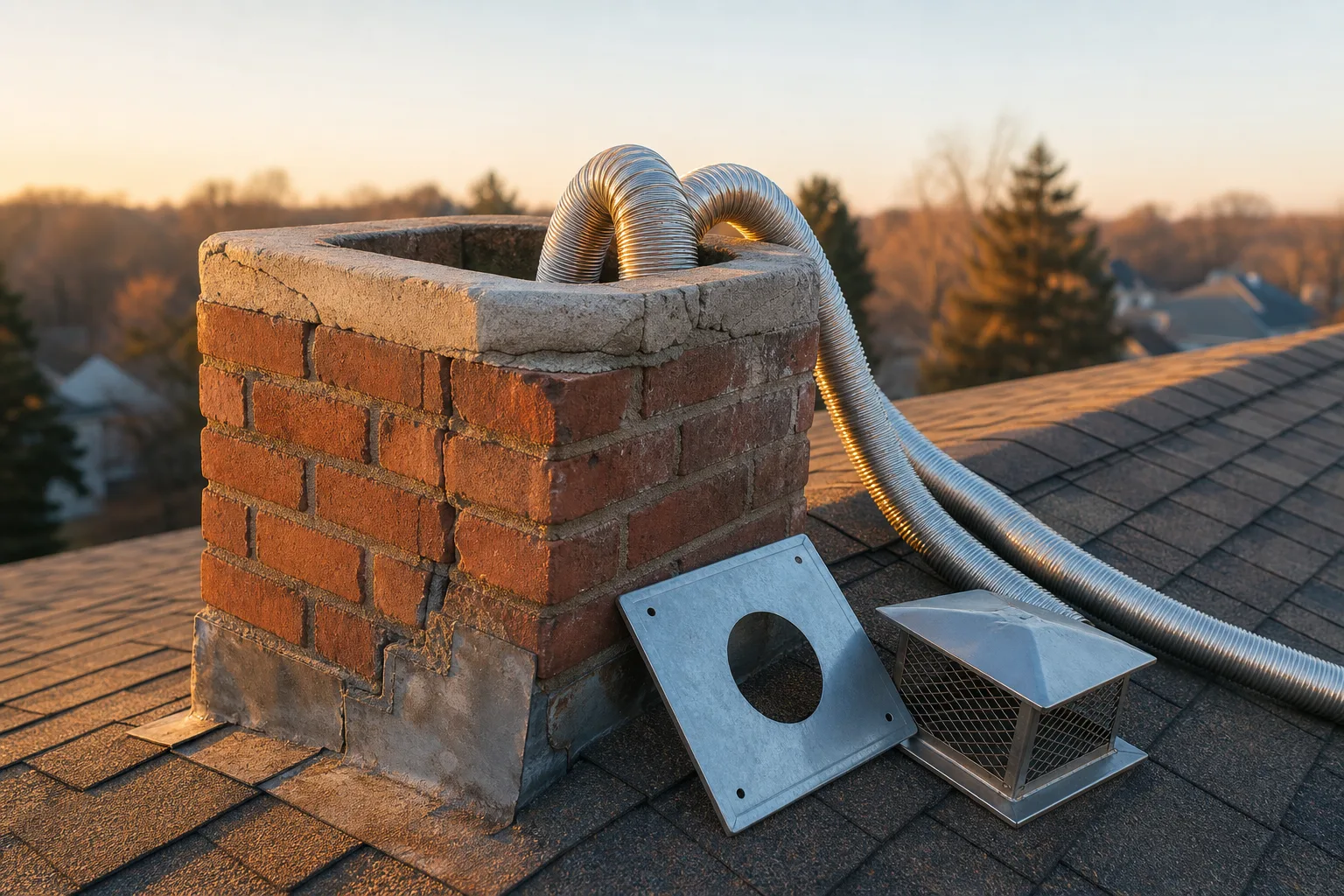 Convert wood fireplace to gas: stainless flex liners, top plate, and termination cap at a masonry chimney crown during installation