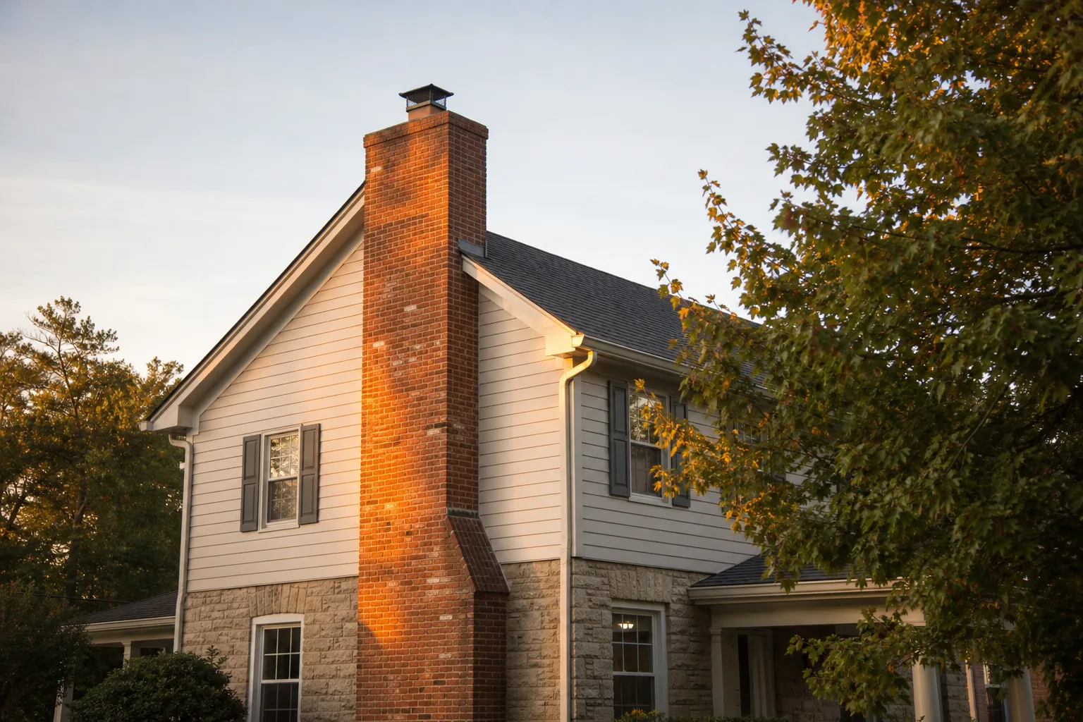 Convert wood fireplace to gas: an American house with an exterior masonry chimney on the gable end at golden hour