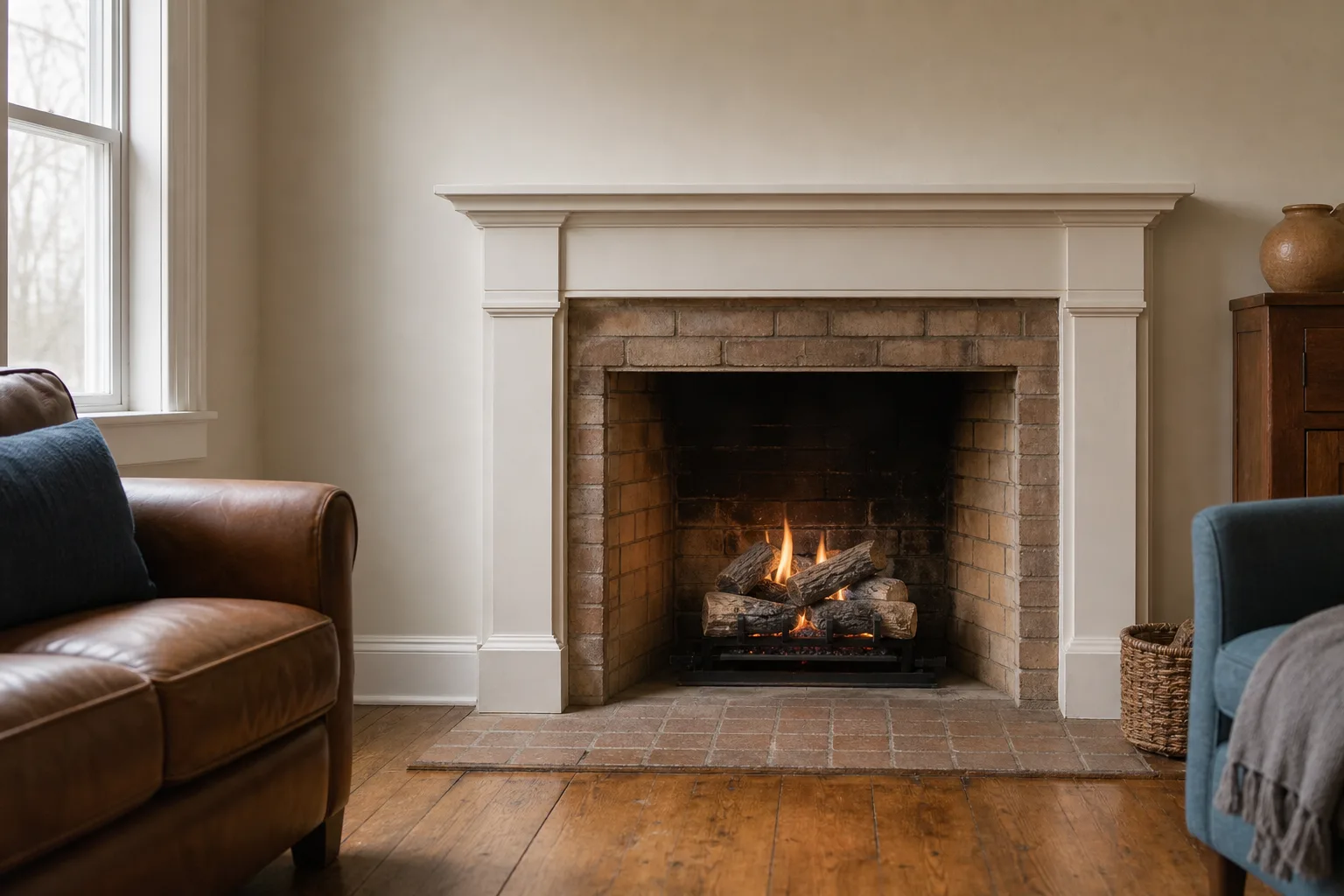 Convert wood fireplace to gas: a gas log set burning inside an original masonry firebox in an American living room