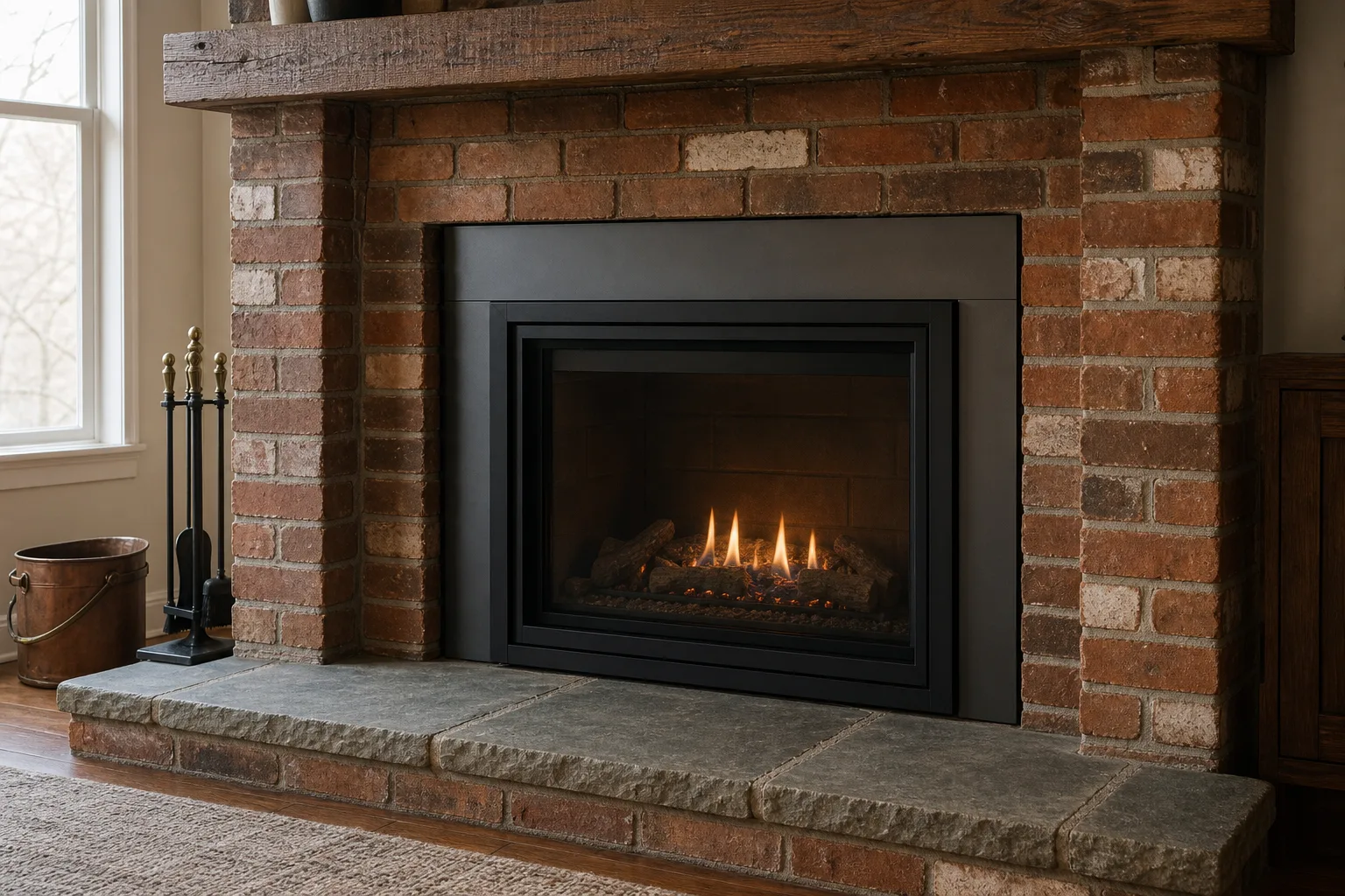 Convert wood fireplace to gas: the same firebox after a sealed direct-vent gas insert and surround were installed