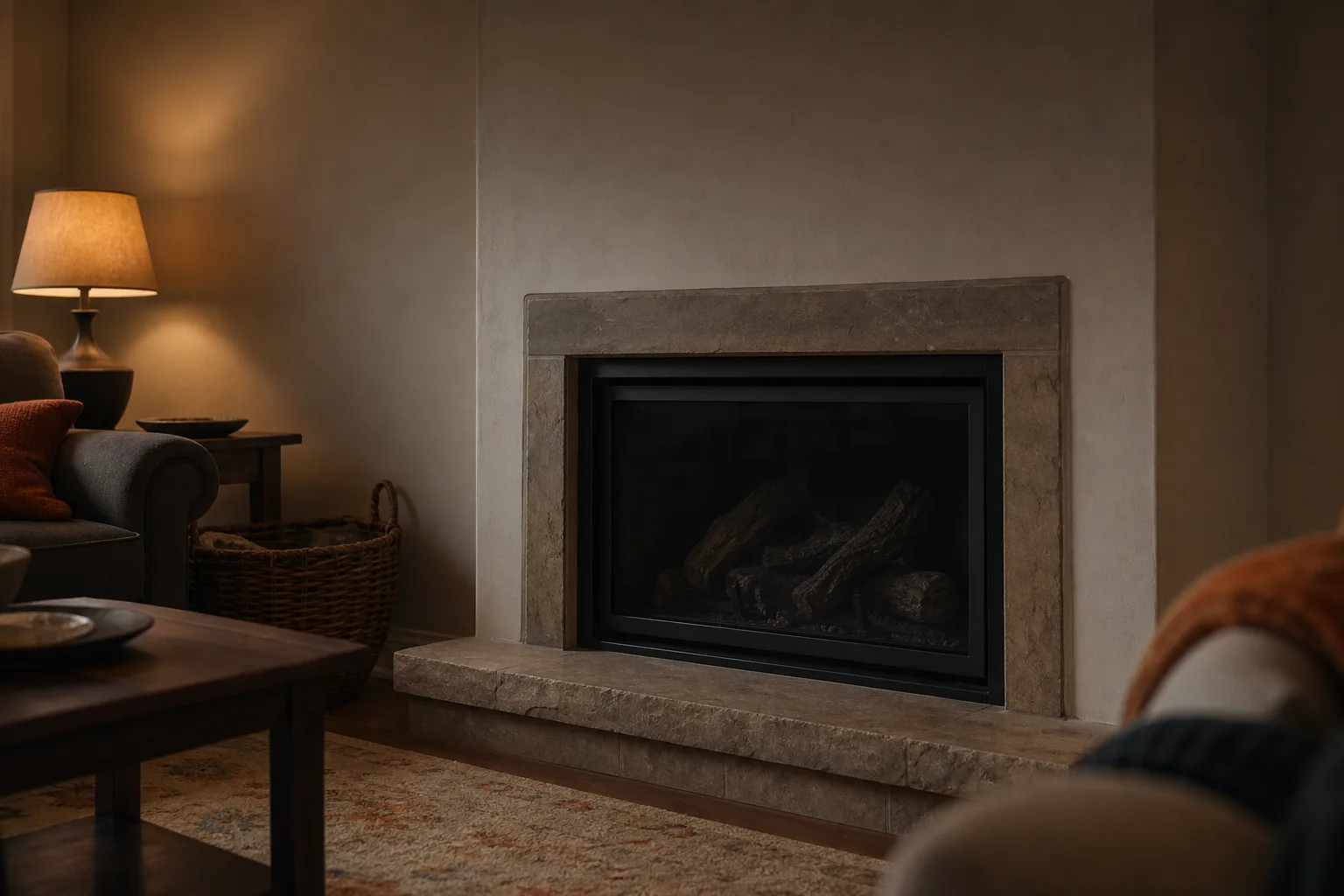 Gas fireplace keeps turning off: a dark, unlit direct-vent firebox in a dim family room