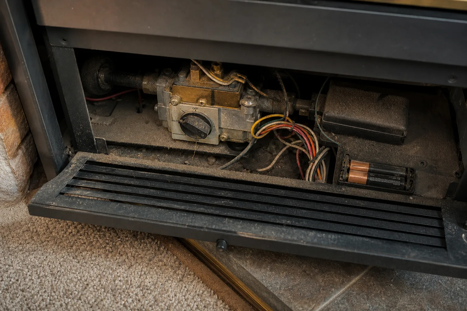 Gas fireplace keeps turning off: gas control valve, wiring and remote receiver behind the louvred panel