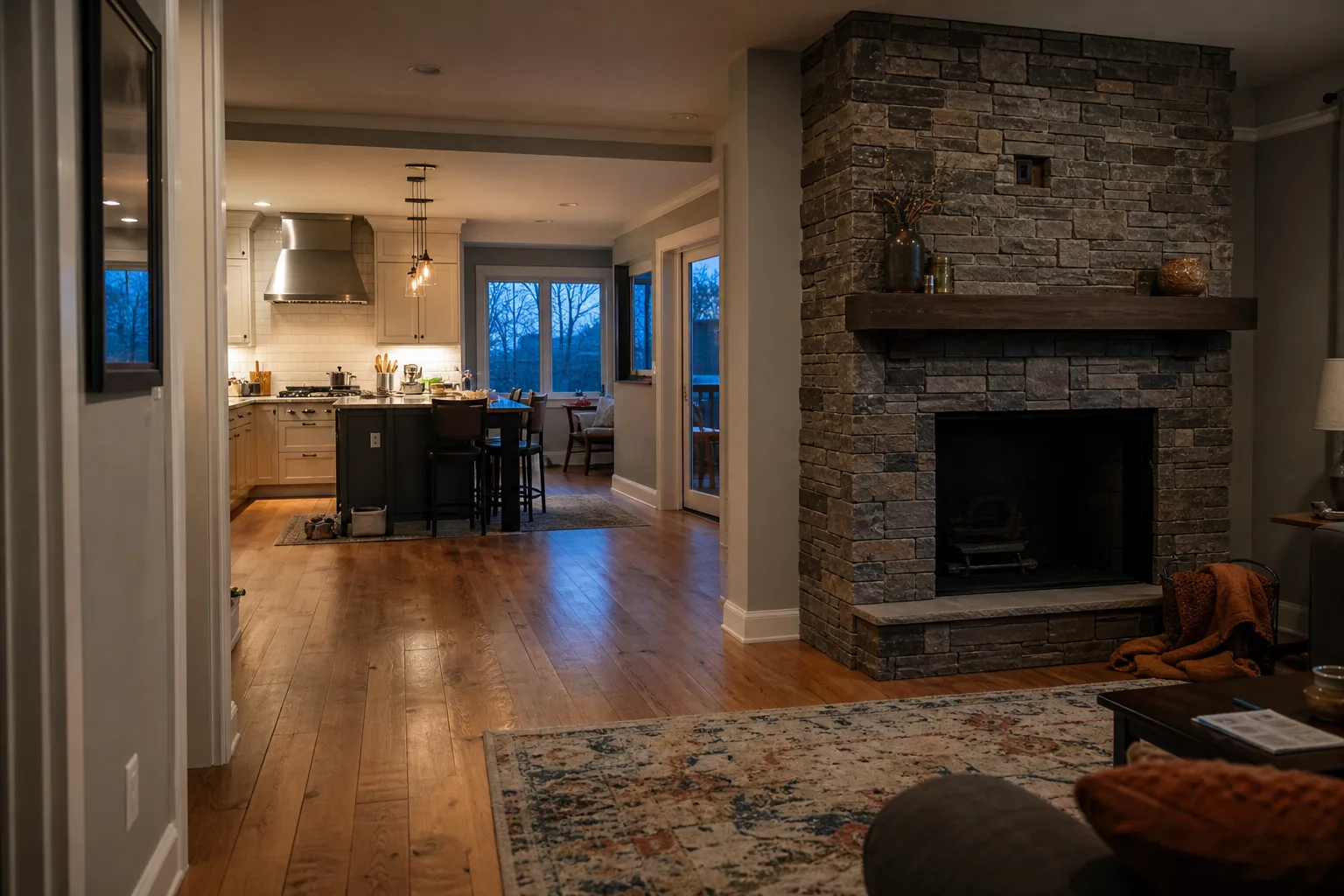 Gas fireplace keeps turning off: a dark firebox across the room from a running kitchen range hood