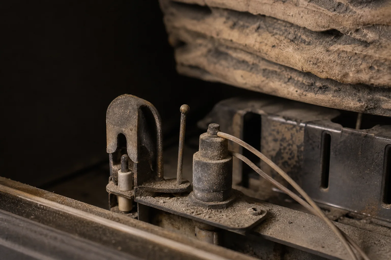 Gas fireplace keeps turning off: dusty pilot hood, thermocouple and thermopile under the logs