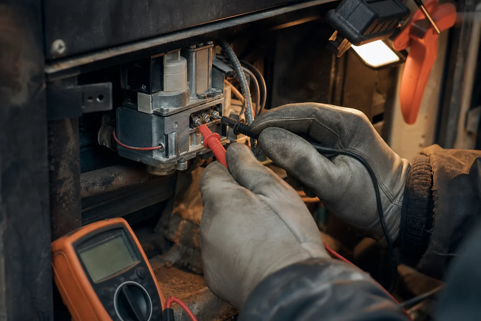 Gas fireplace keeps turning off: a technician reading millivolts at the gas valve terminals