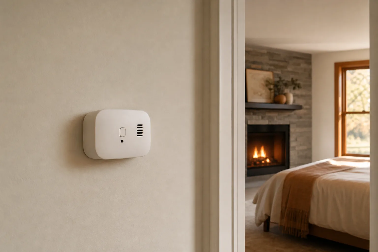 Carbon monoxide alarm on hallway wall with gas fireplace glowing in the next room