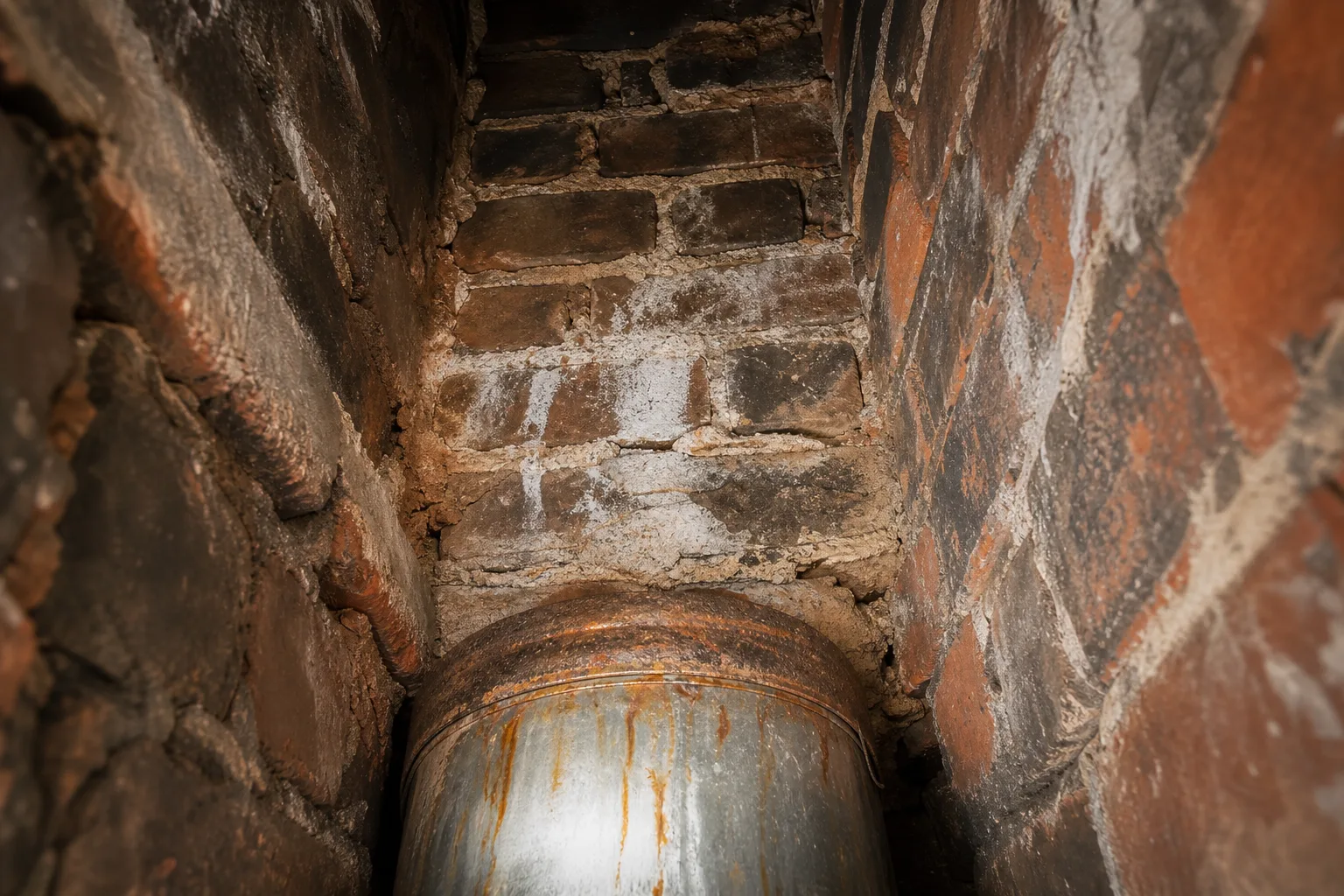 Damp staining and rusted metal inside an aging masonry chimney flue