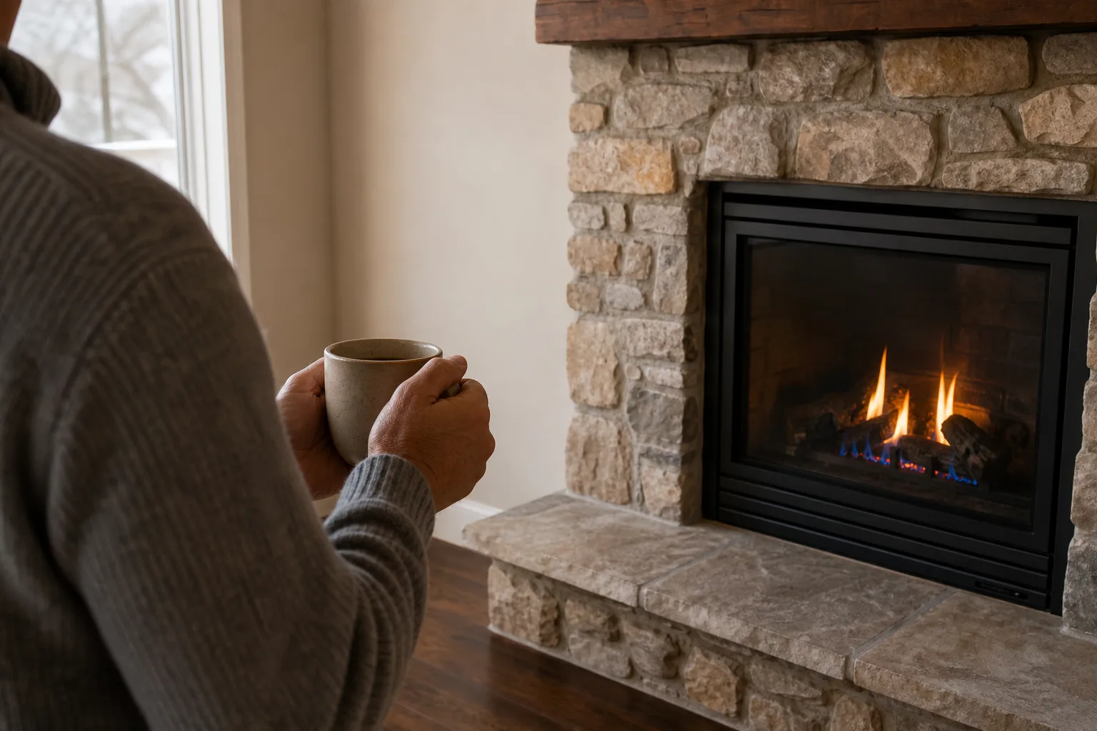 Homeowner watching steady blue-based flames in a gas fireplace with a clear hearth