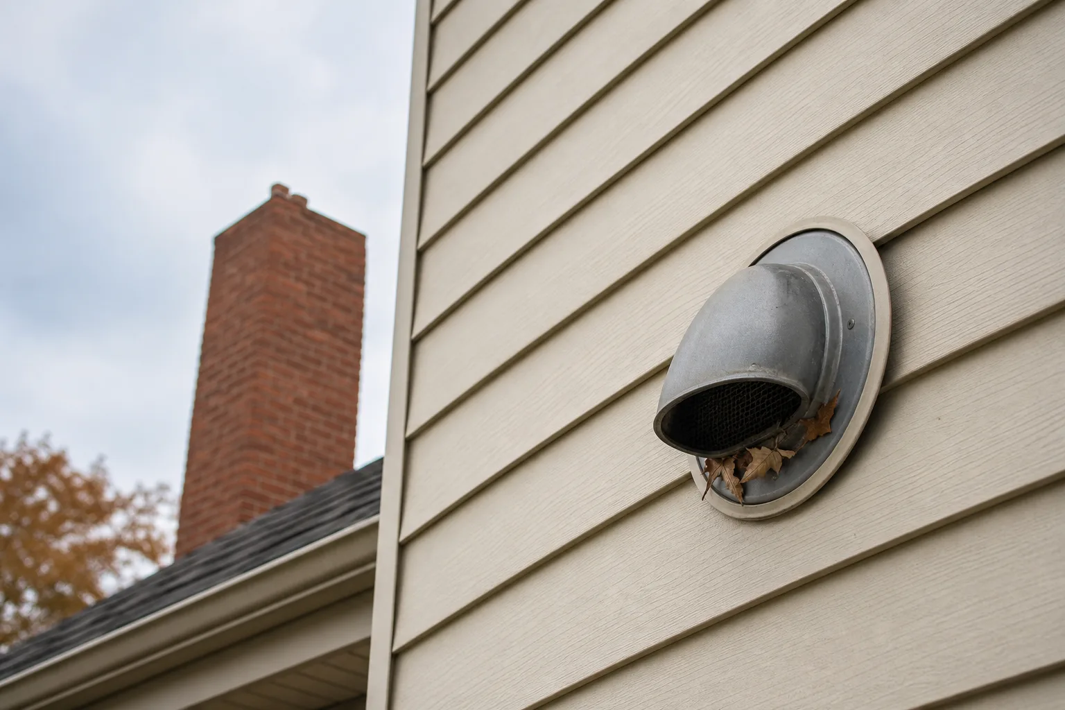 Direct-vent termination cap on home siding with leaves caught around the vent
