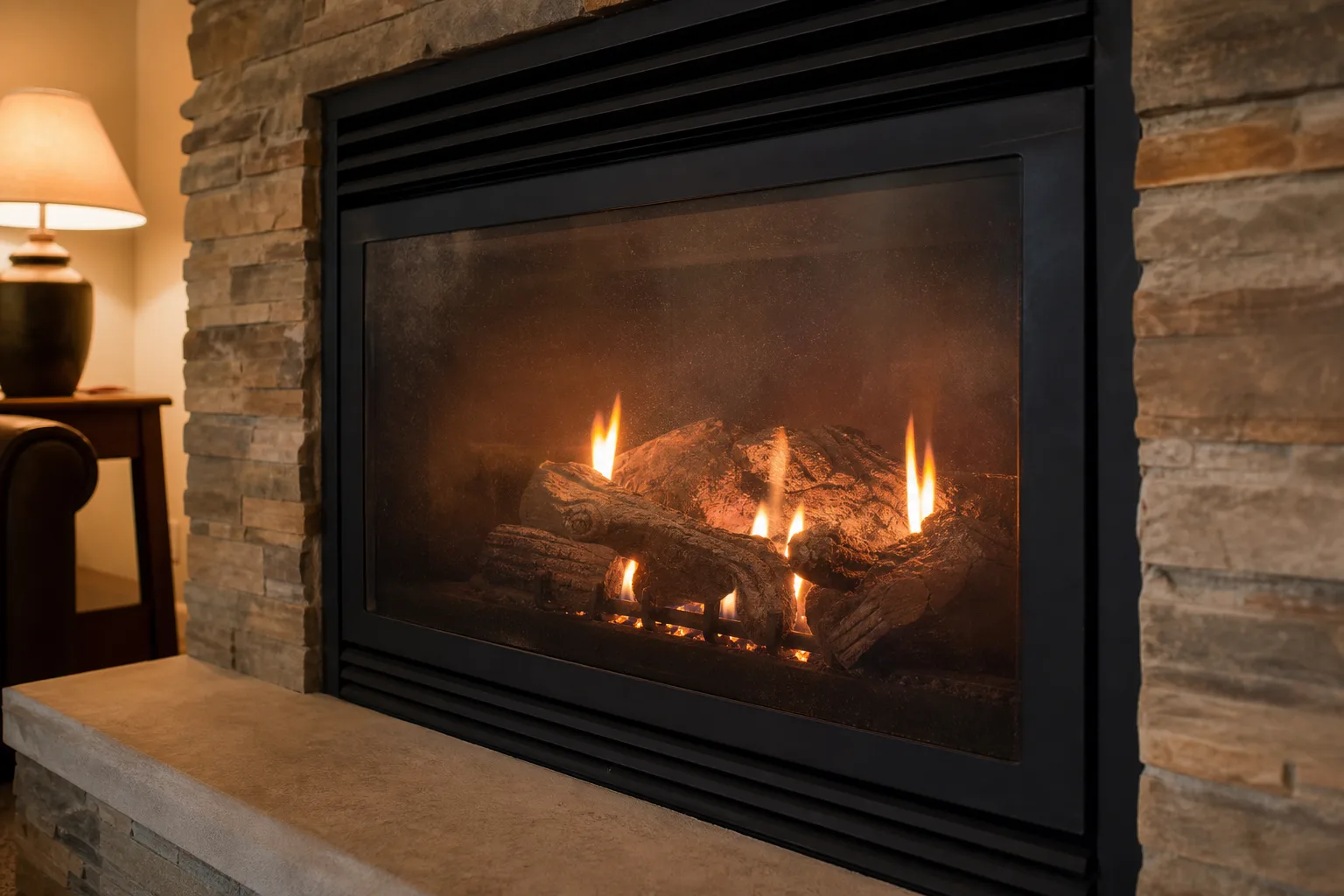 Lit gas fireplace with uneven yellow flames and dusty ceramic logs behind sooty glass