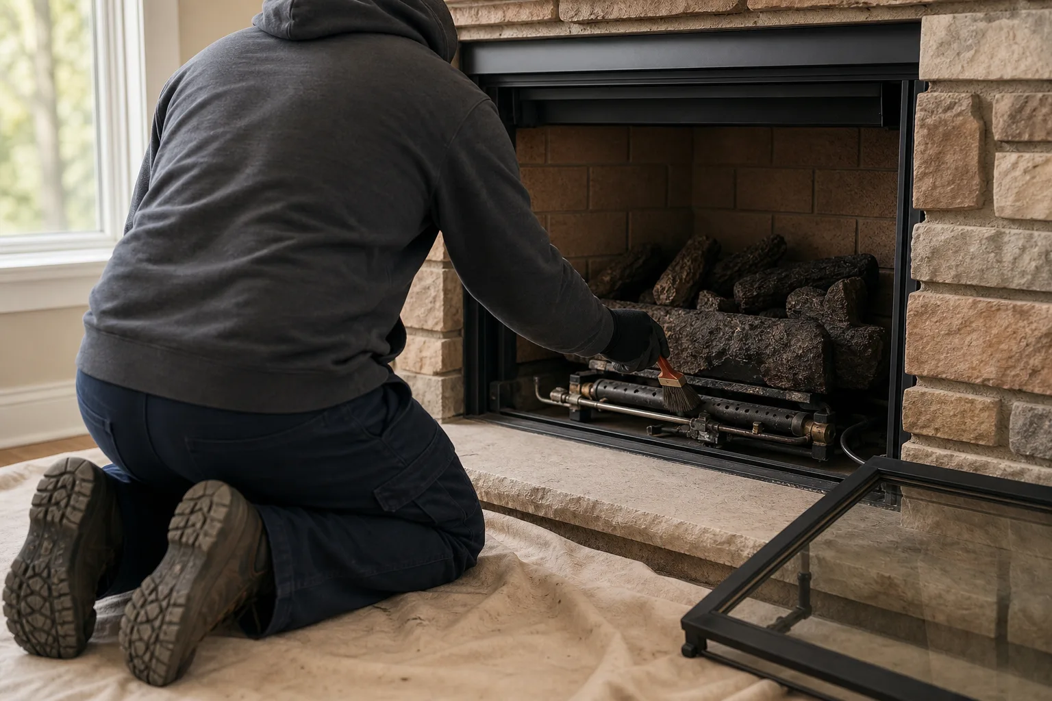 Technician cleaning burner tube and pilot assembly inside an opened gas fireplace