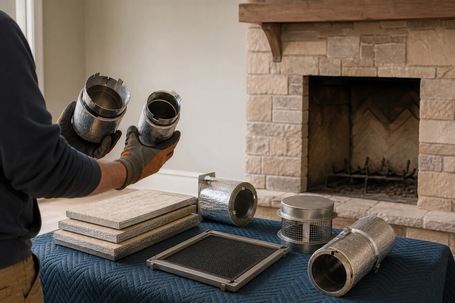 Zero clearance fireplace components arranged beside an open firebox for model matching