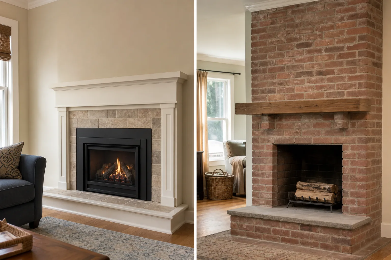 Zero clearance fireplace beside a brick masonry fireplace for construction comparison
