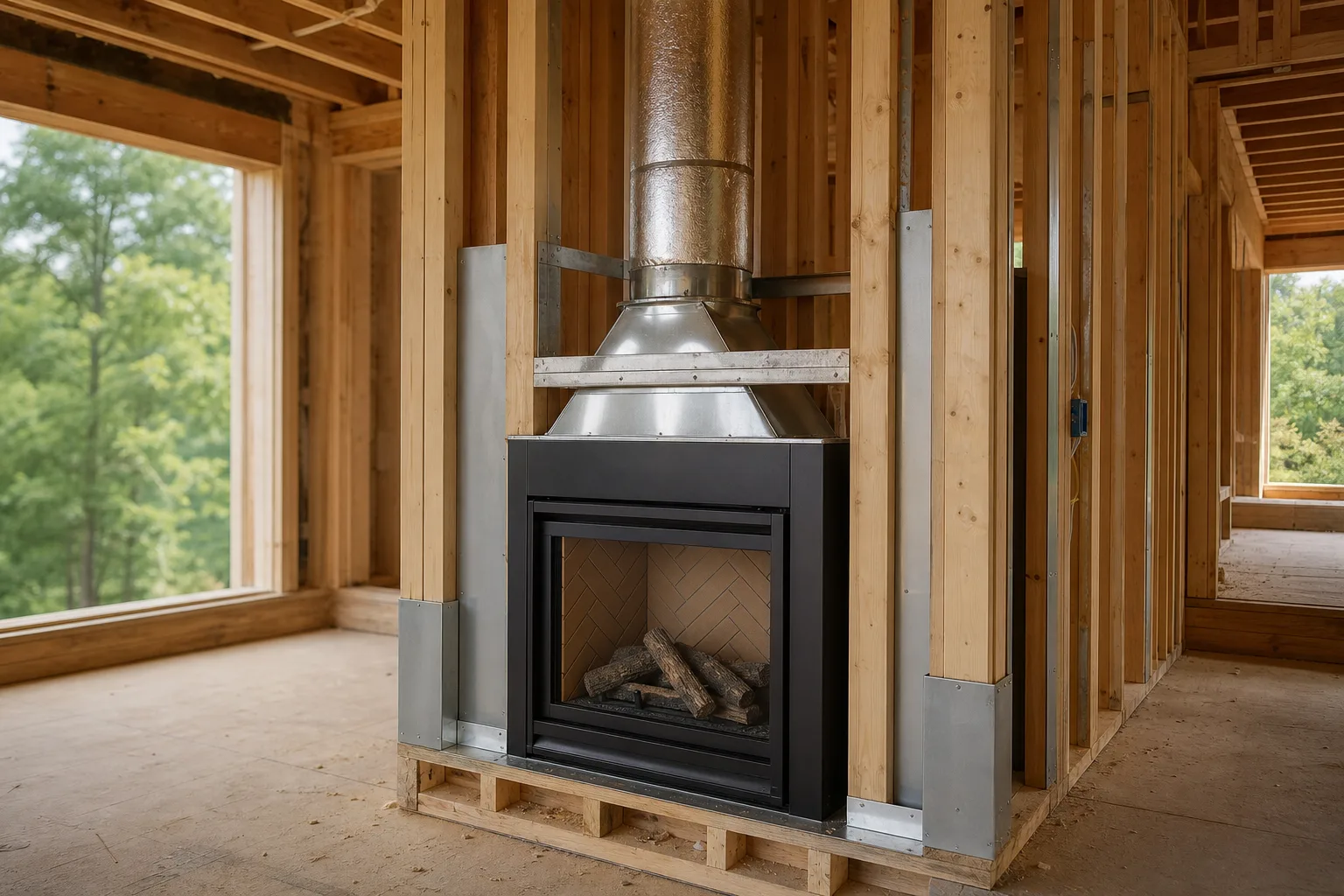 Zero clearance fireplace installed within exposed framing with a listed metal chimney