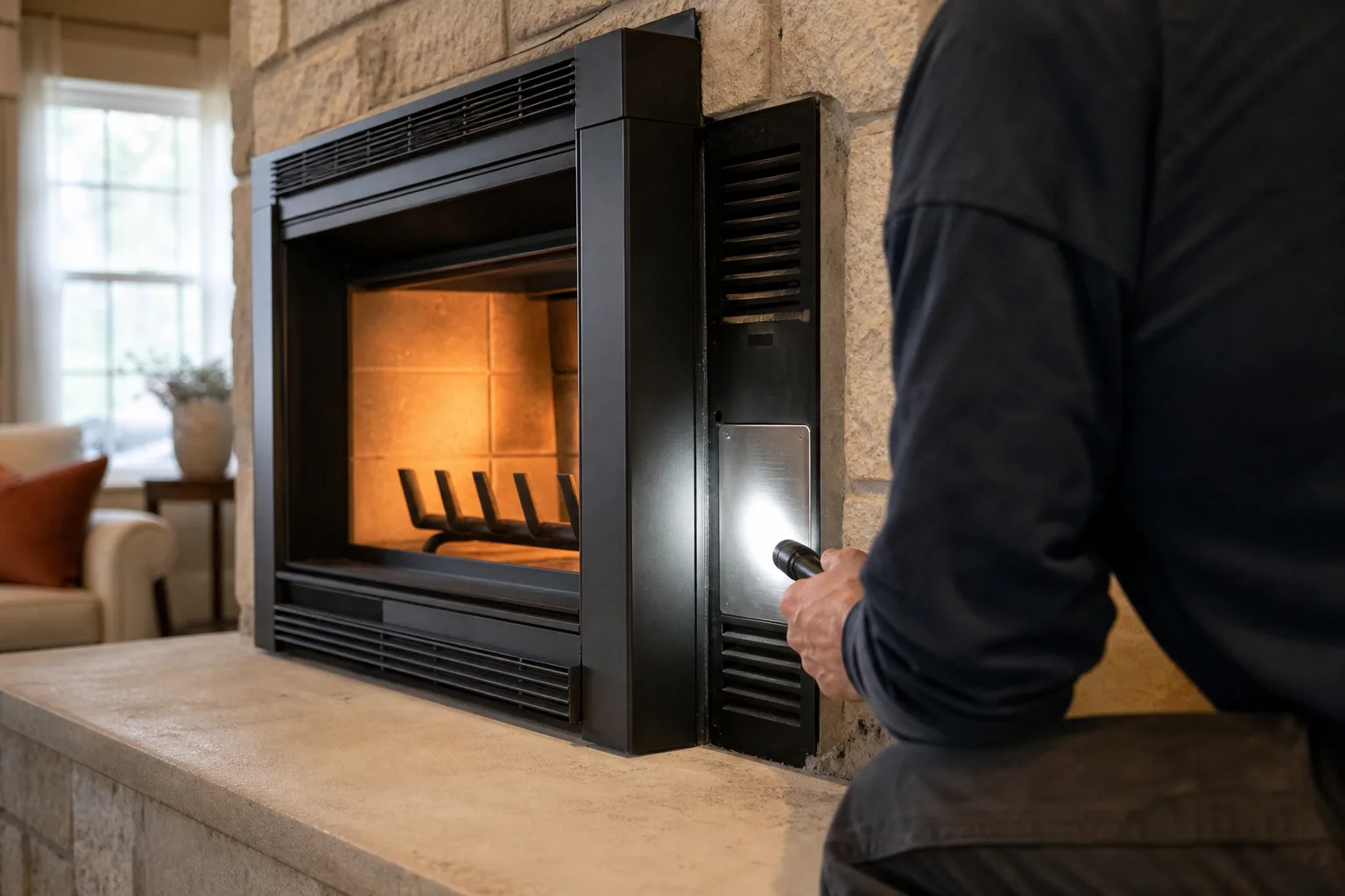 Zero clearance fireplace rating plate examined with a flashlight inside the firebox