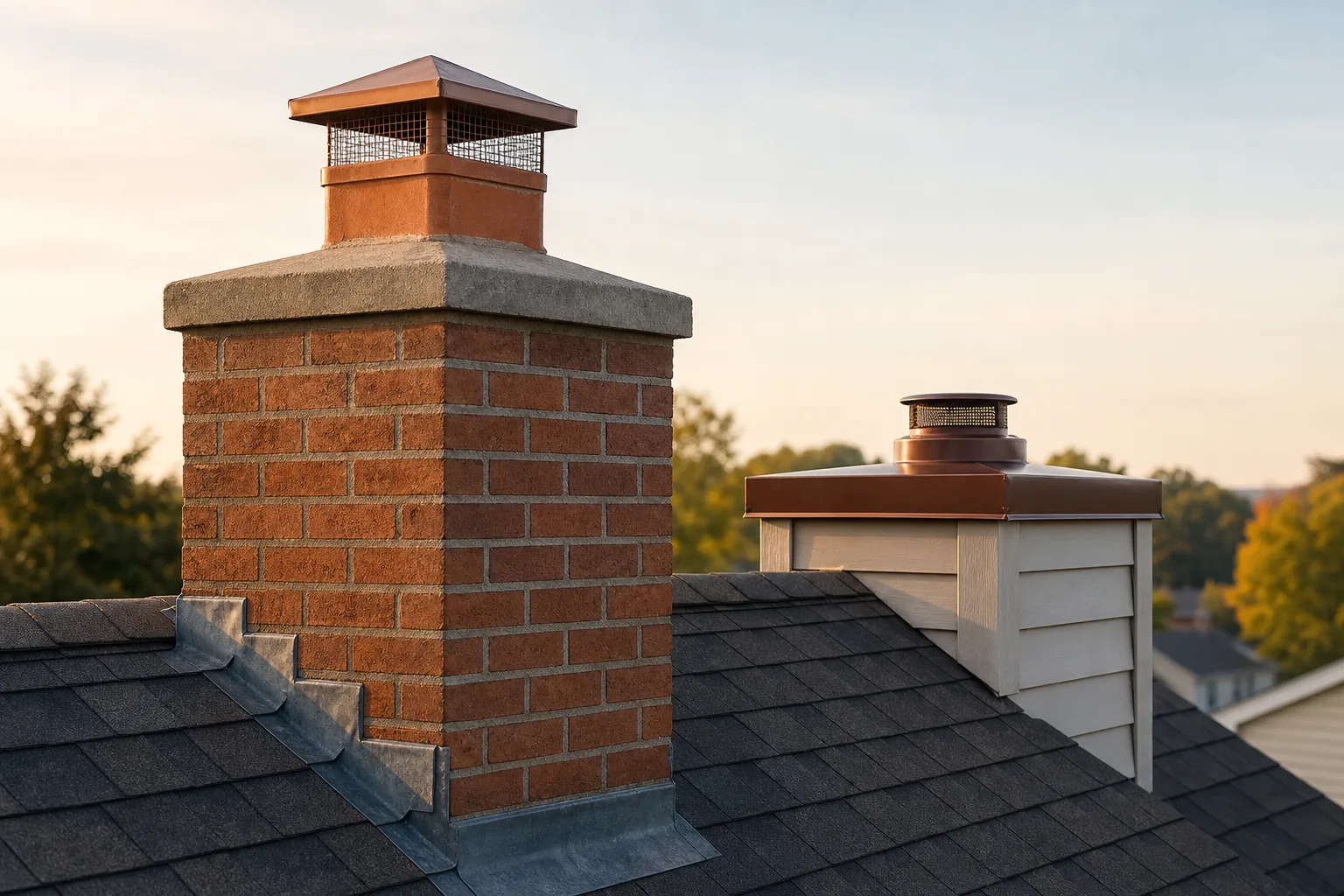 Brick chimney top showing the cap, clay flues, crown, and roof flashing