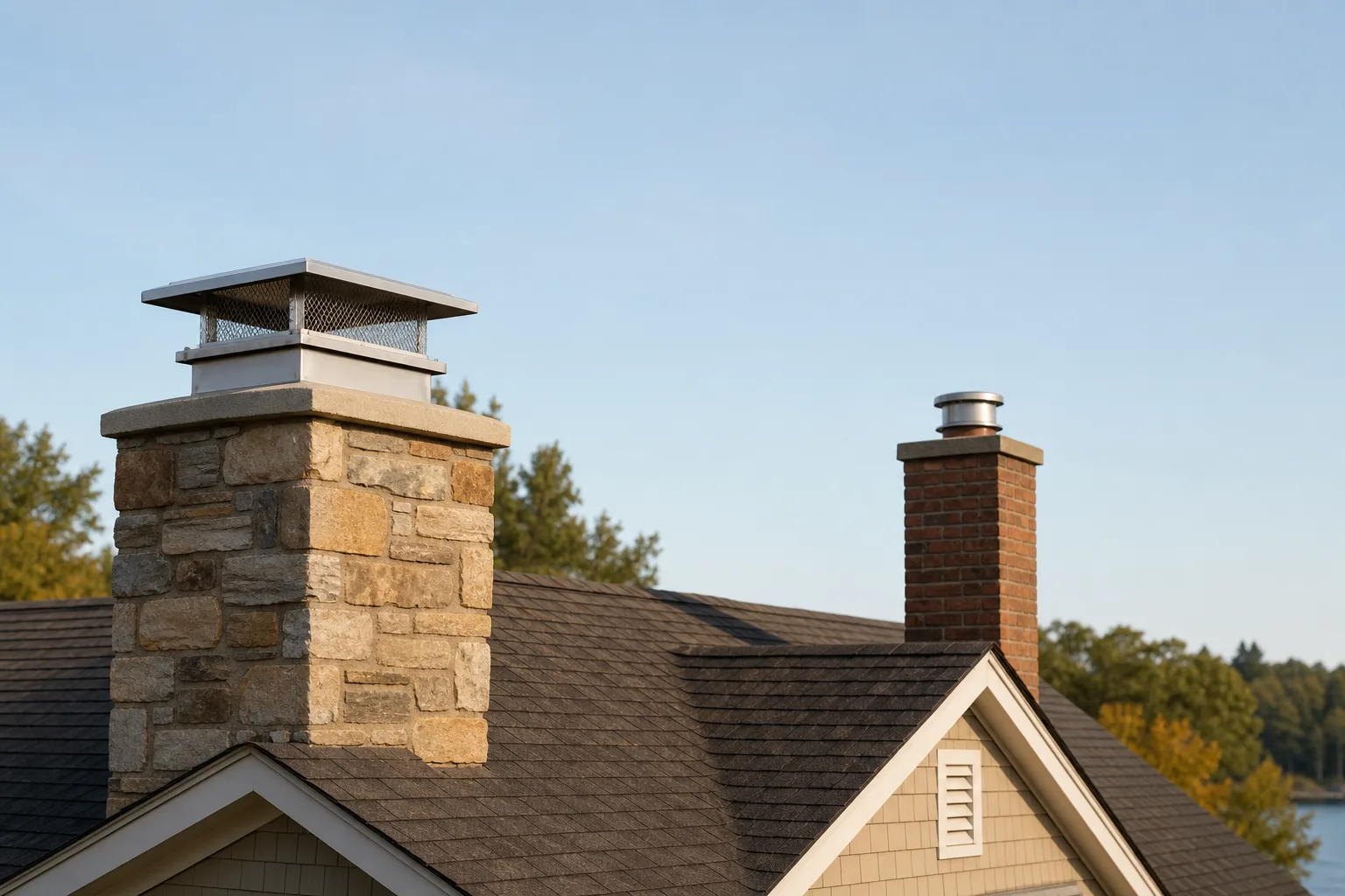 Single flue and multi flue chimney caps on adjacent masonry chimneys
