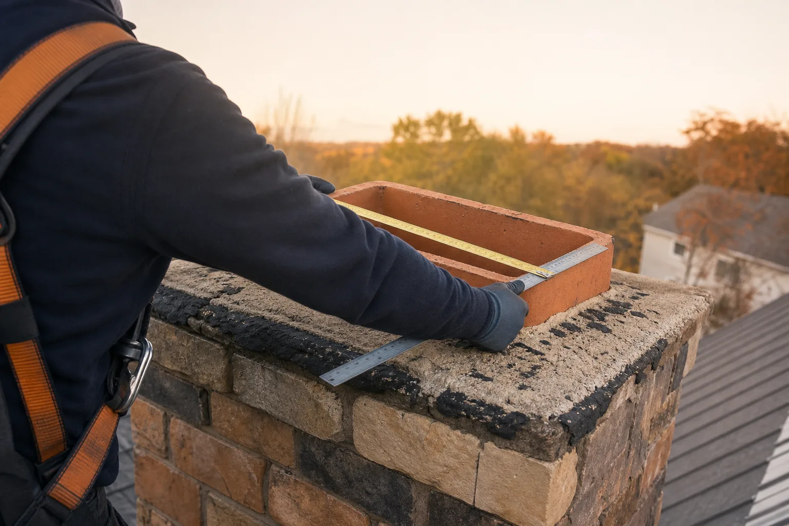 Technician measuring a rectangular clay flue before fitting a chimney cap