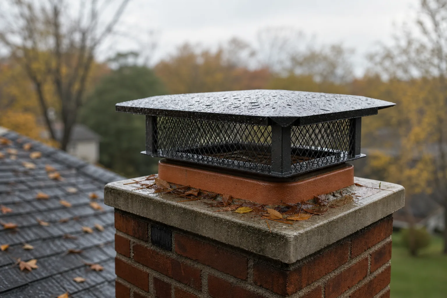 Screened chimney cap shielding an open clay flue from rain and leaves