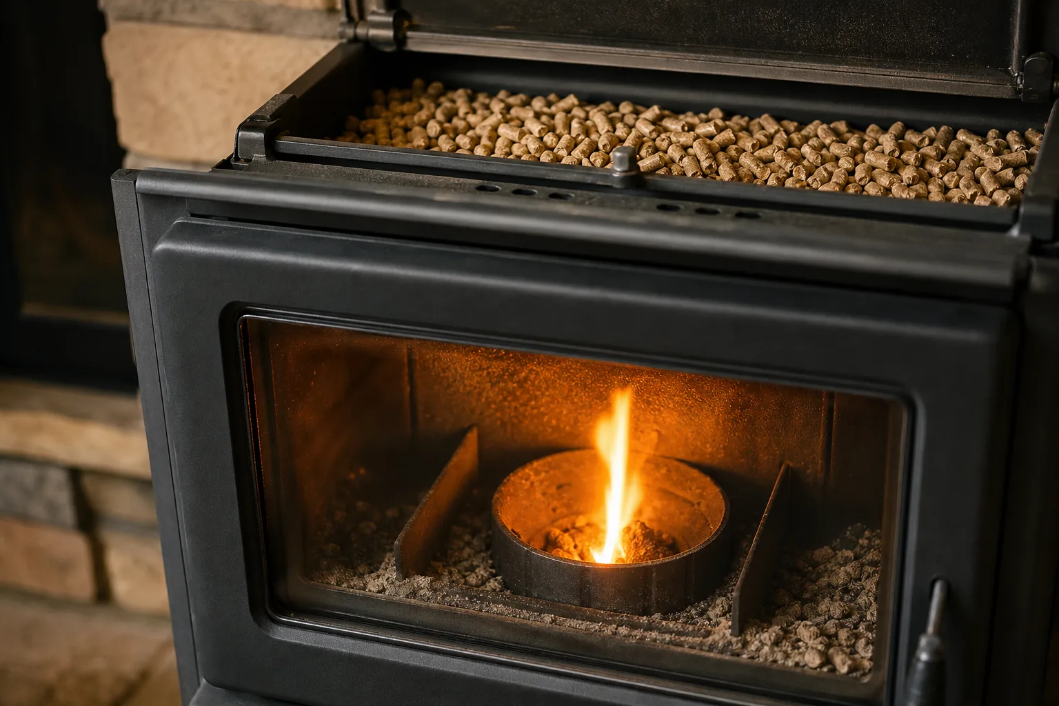 Do pellet stoves need a chimney: the burn pot flame and pellet hopper that make fan-driven venting possible