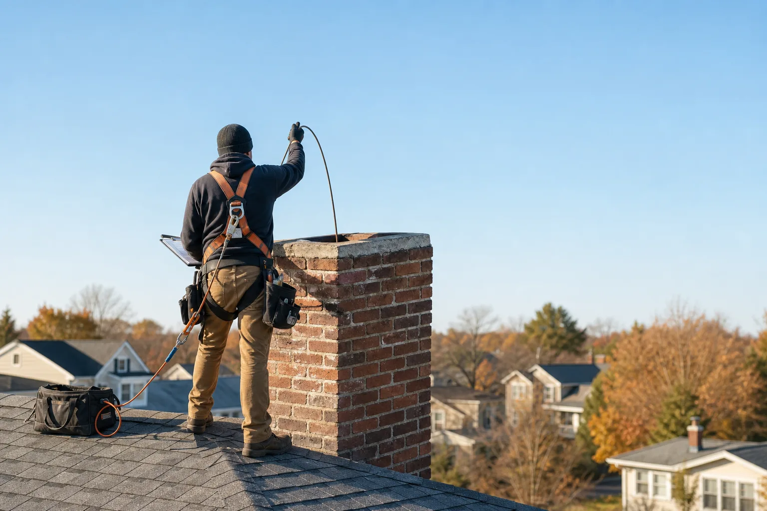 Roof technician lowering an inspection camera into a brick flue during a level 2 chimney inspection