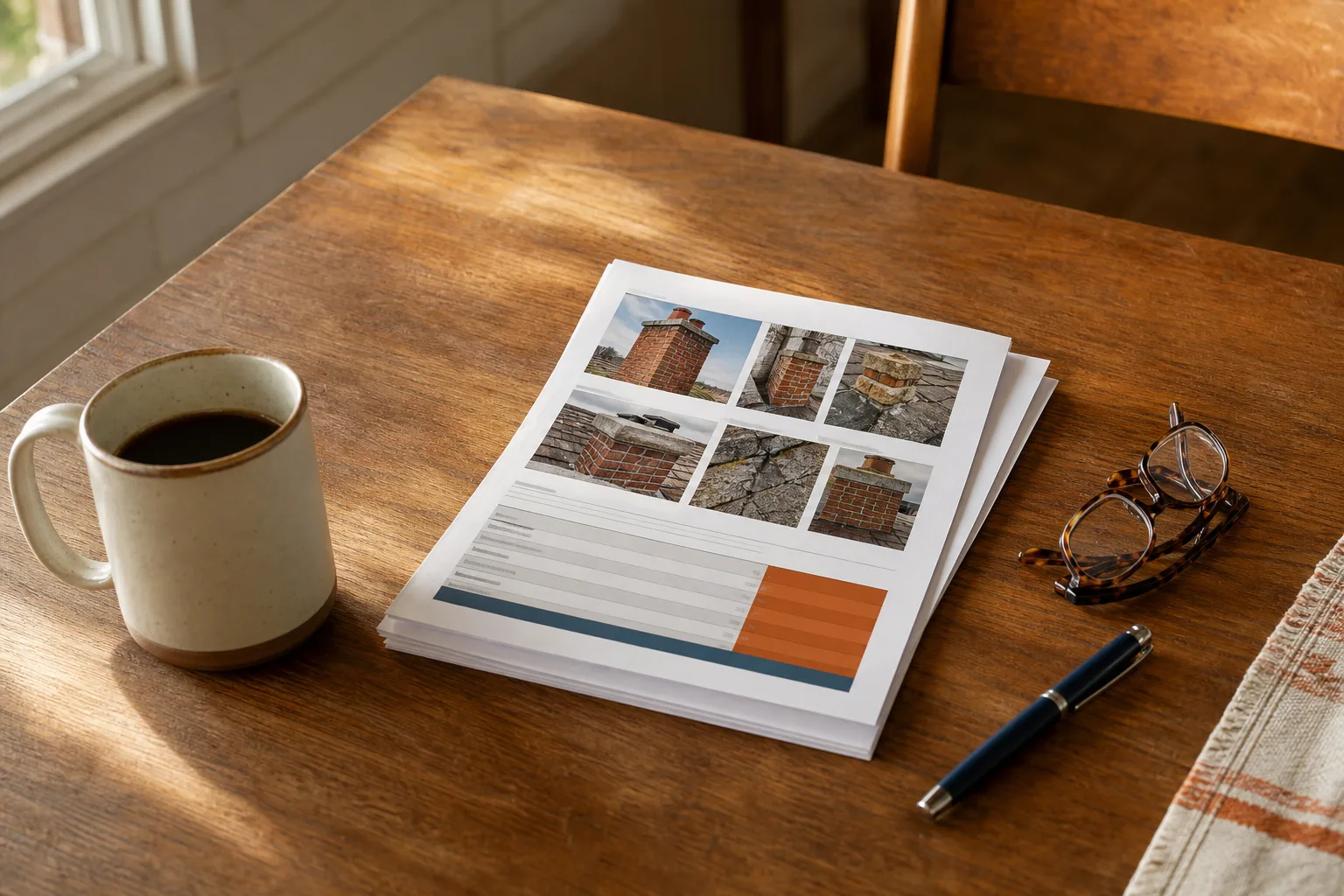 Printed chimney inspection report with photo pages and repair estimates on a kitchen table