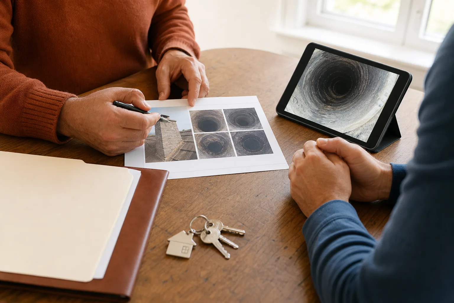 Homebuyers reviewing chimney report pages and flue photos before closing on a house