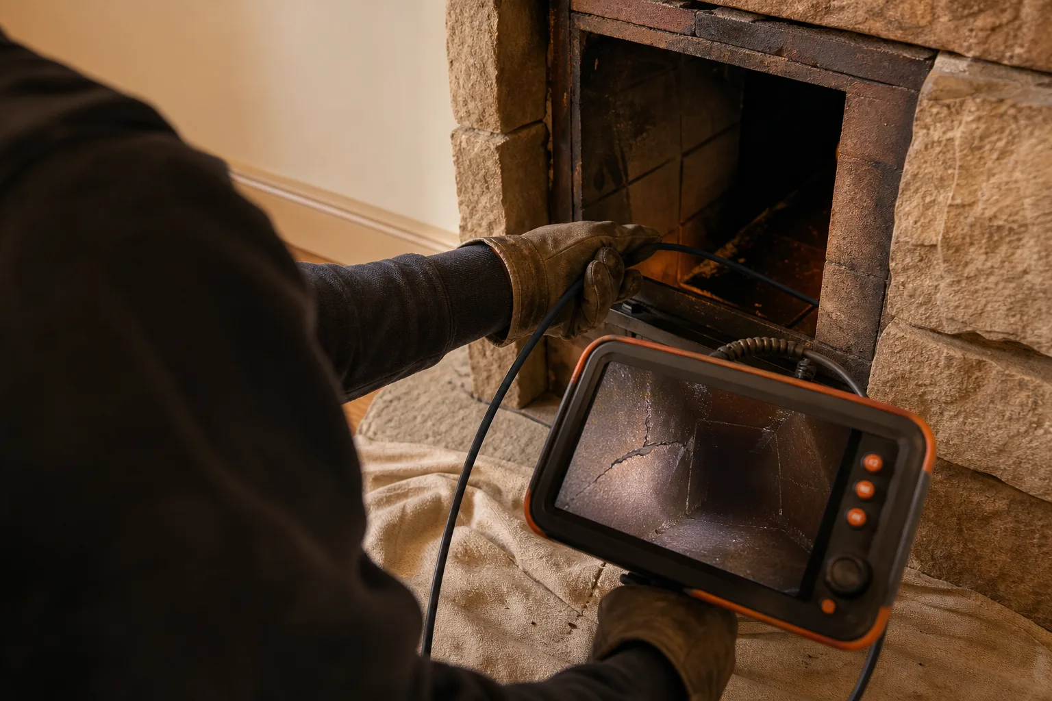 Flue camera cable and monitor screen revealing a cracked clay tile inside the chimney