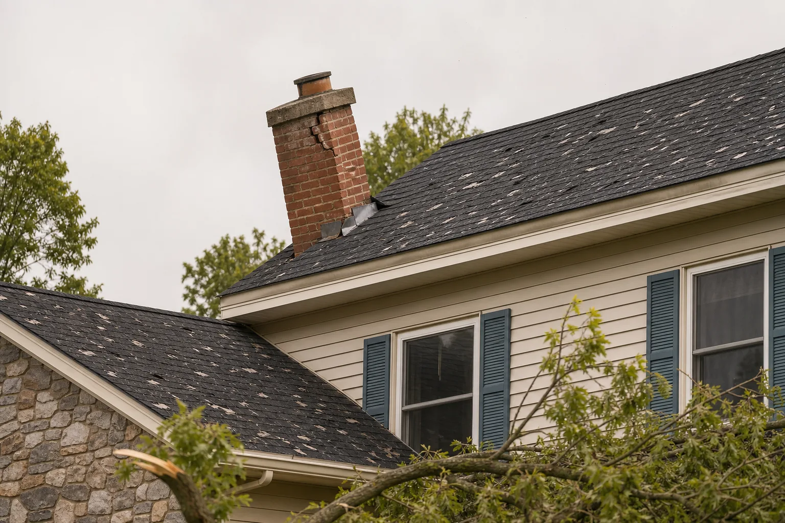 Storm-damaged chimney with cracked crown and loose mortar above a wet shingle roof