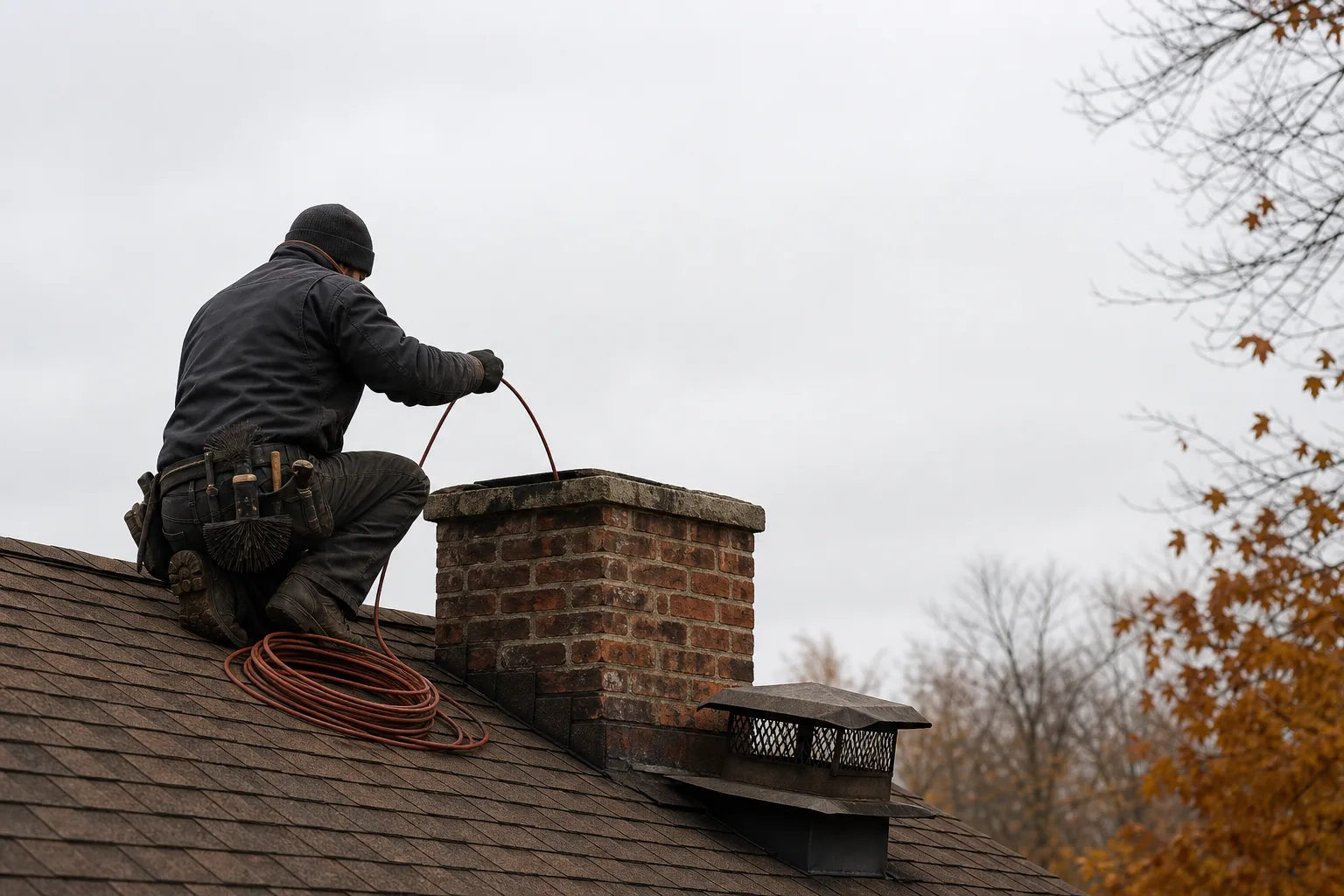 creosote stages: a chimney sweep lowers an inspection camera down a brick flue from the roof creosote stages: a chimney sweep lowers an inspection camera down a brick flue from the roof