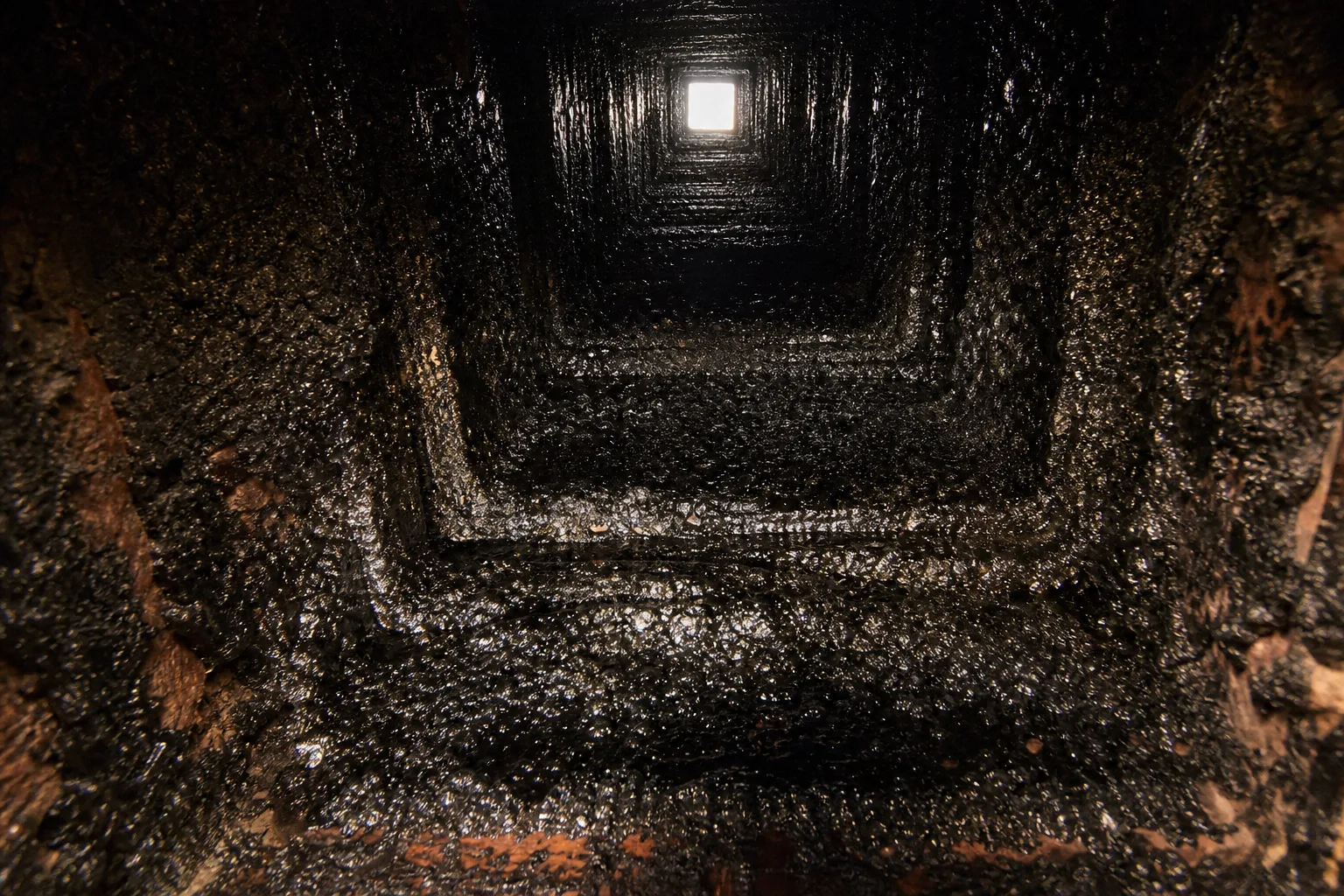 creosote stages: a flue in typical glazed condition before professional cleaning