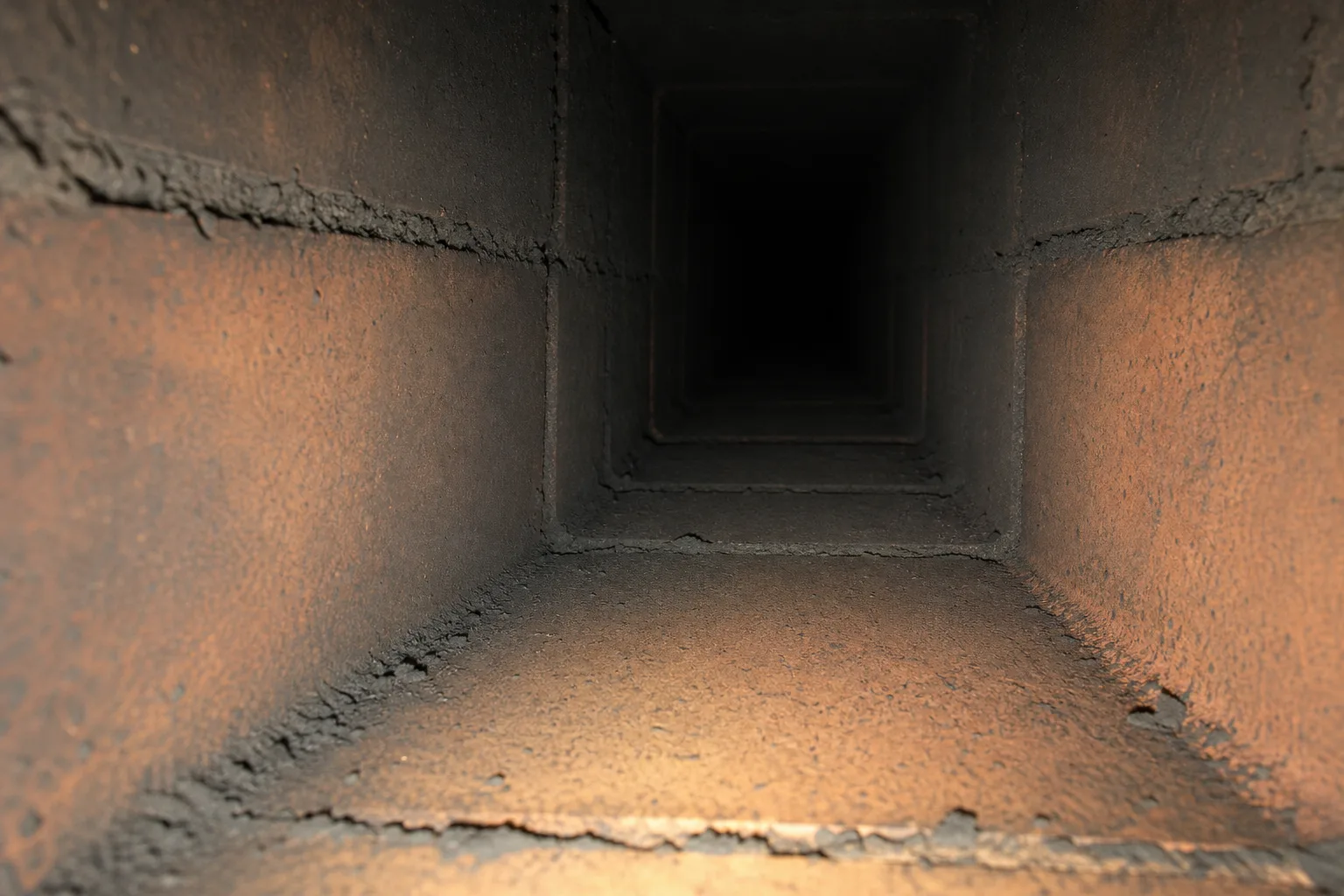 creosote stages: stage 1 creosote as fine matte soot on a clay tile flue liner