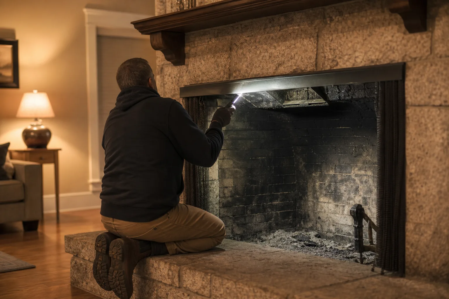 creosote stages: a homeowner shines a flashlight up past an open damper into the smoke chamber