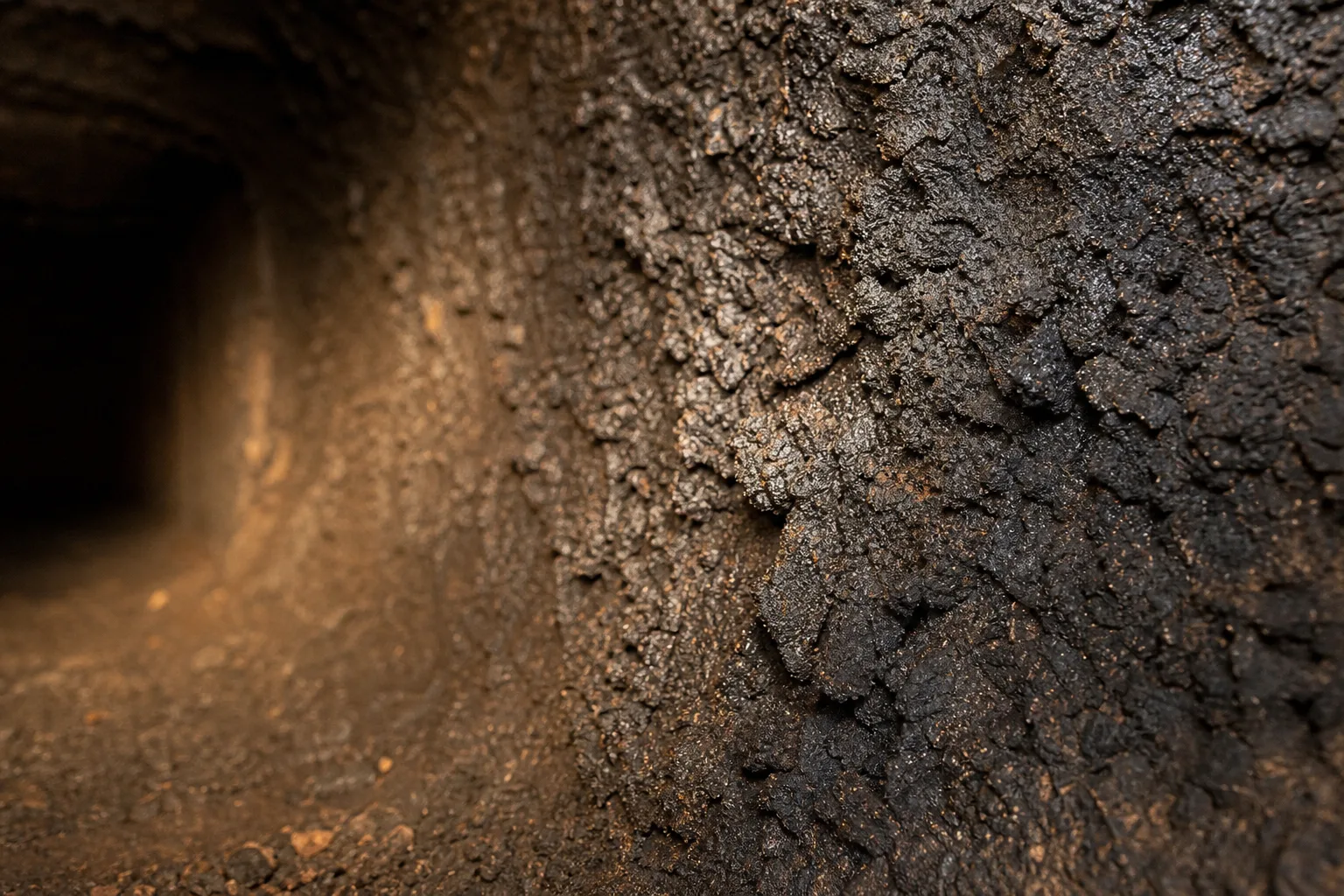 creosote stages: stage 2 creosote as crunchy tar-like buildup bonded to a chimney flue