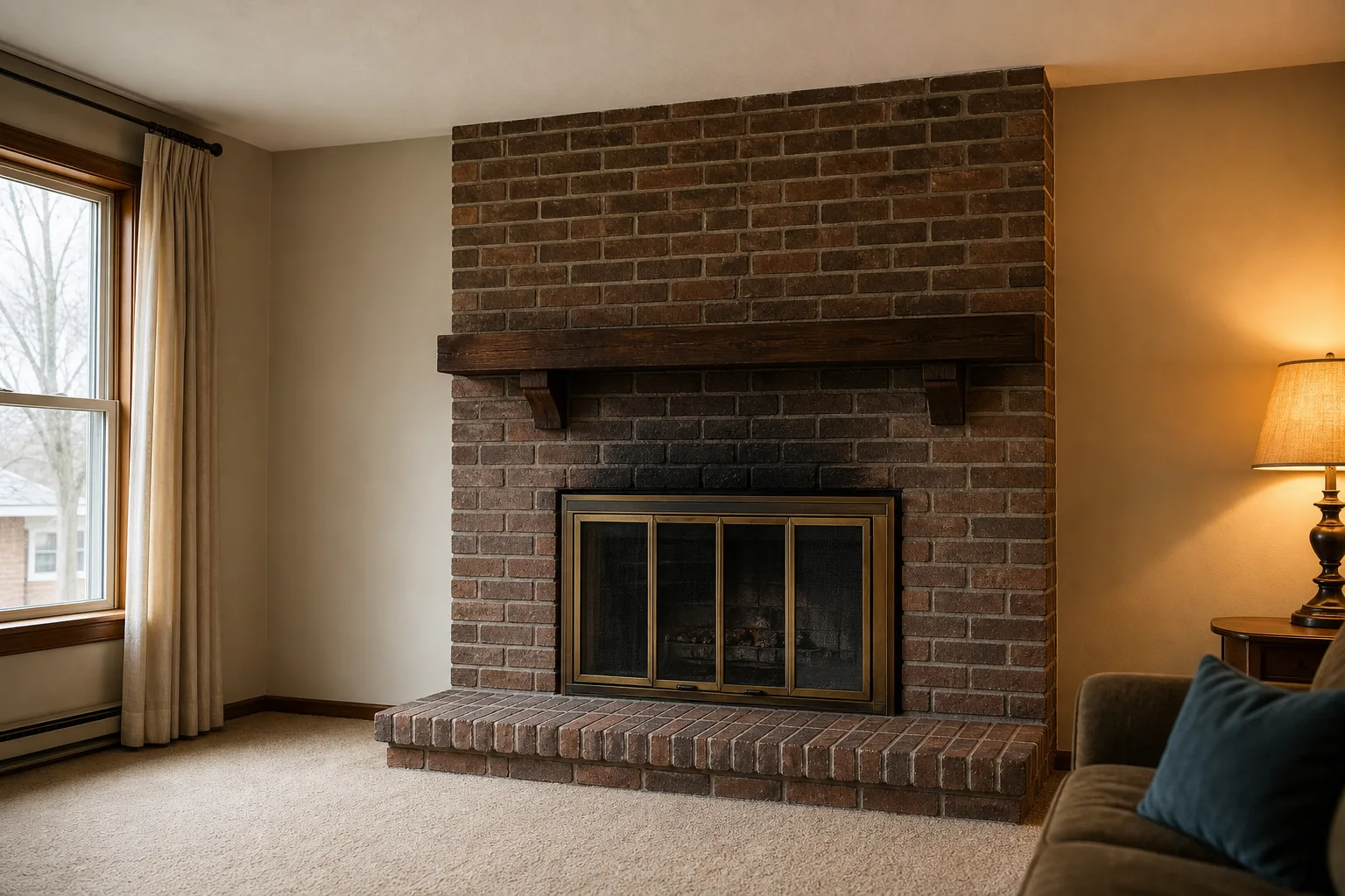 Fireplace remodel cost starts with a dated floor-to-ceiling brown brick fireplace with brass bifold doors