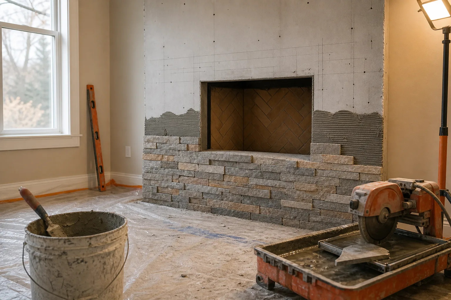 Fireplace remodel cost drivers: stacked stone veneer being set over backer board during a reface