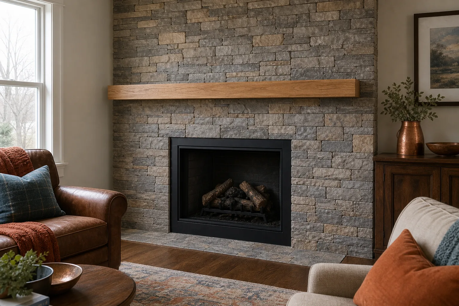 Fireplace remodel cost comparison: the same fireplace refaced in stacked stone veneer with a flush hearth