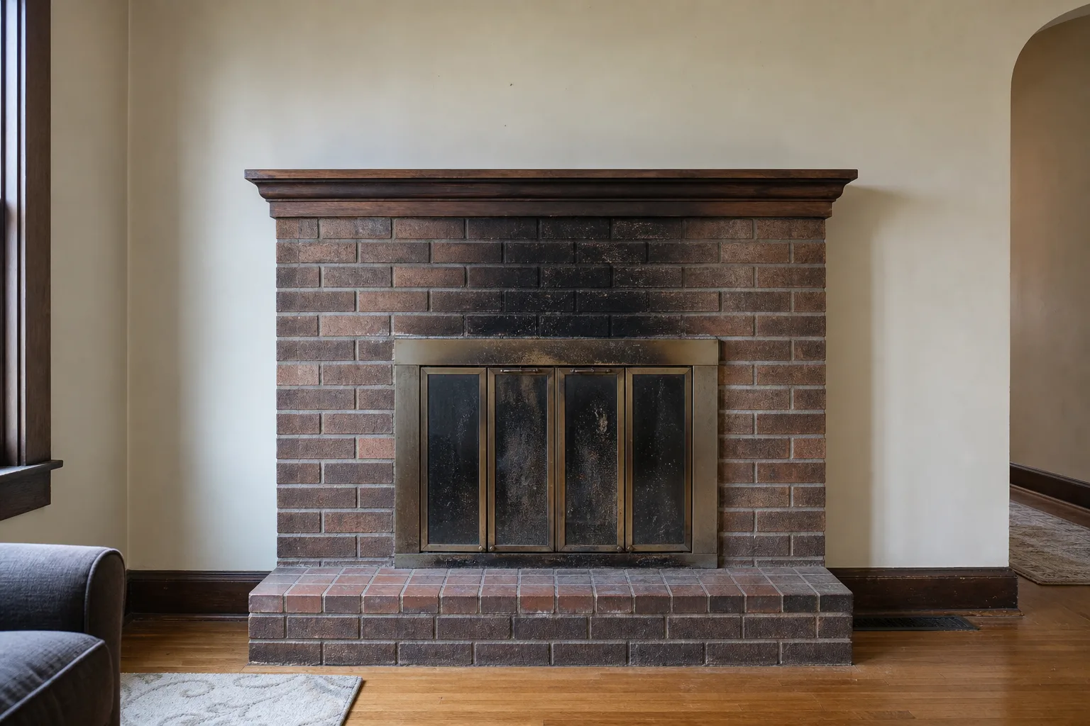 Fireplace remodel cost comparison: the typical before condition, dated brown brick surround and raised hearth