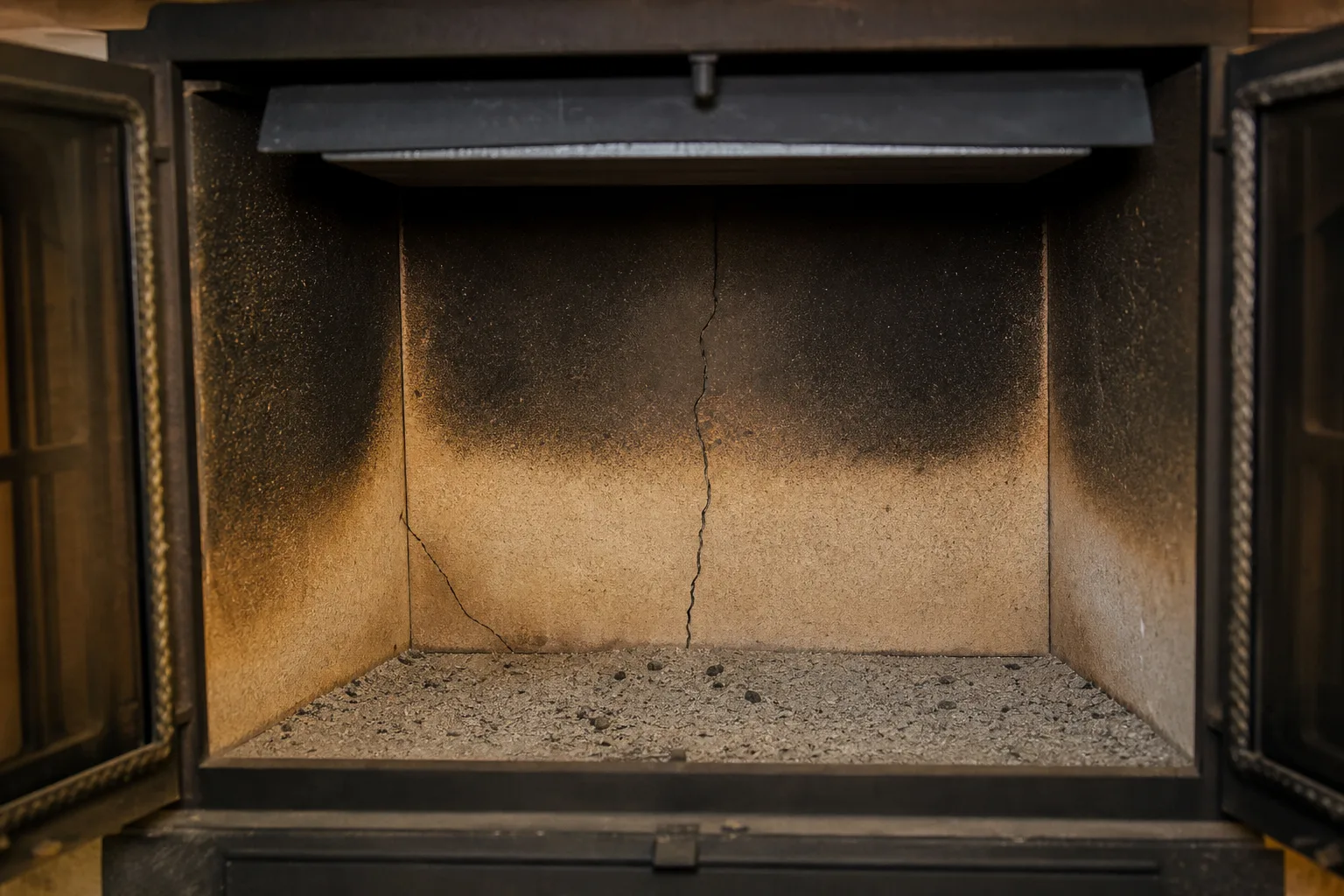 Fireplace remodel cost risk: a cracked tan refractory panel inside a soot-stained firebox