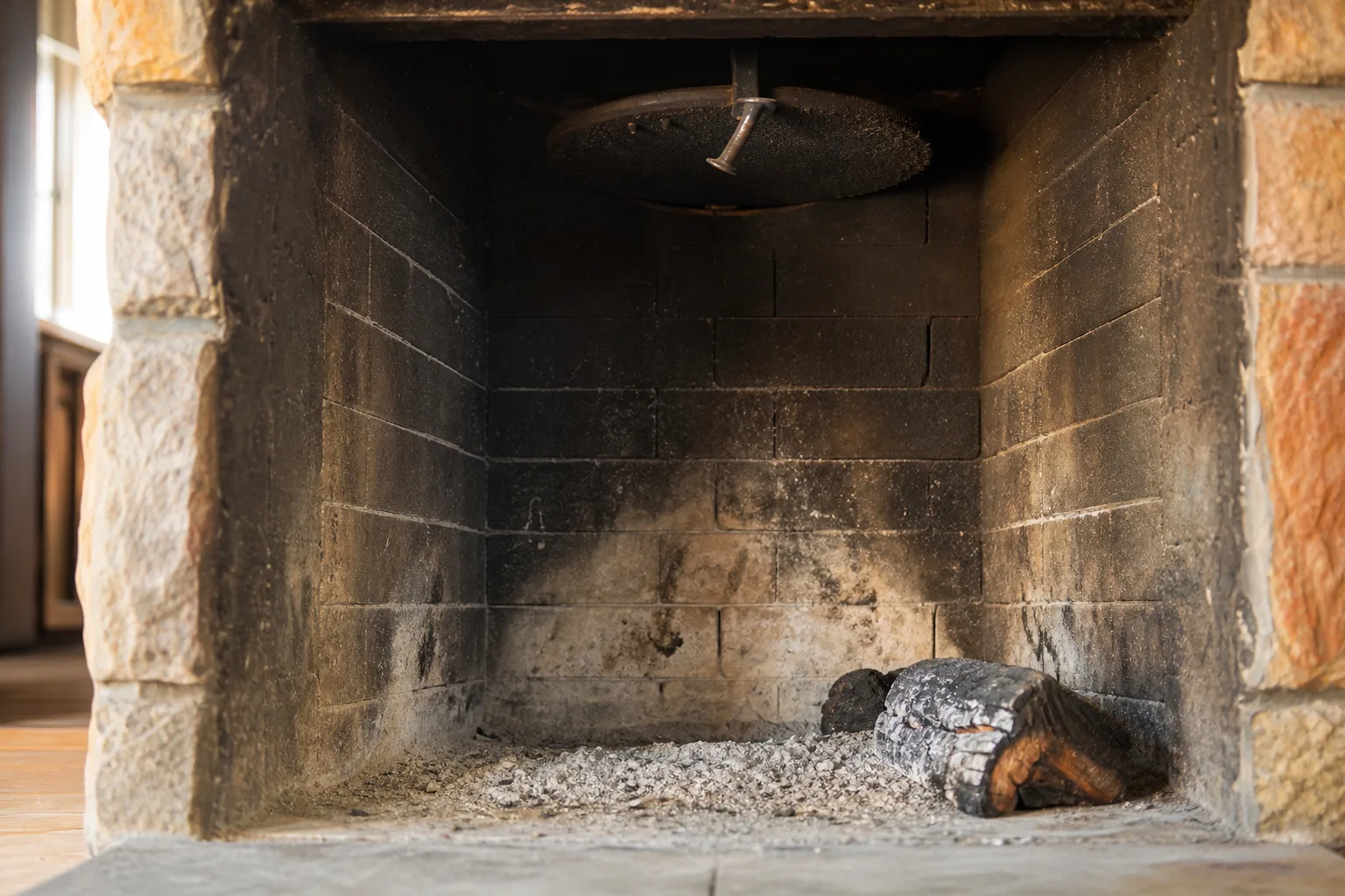 Chimney maintenance at the hearth: a soot-blackened firebrick firebox with the cast iron damper visible at the throat