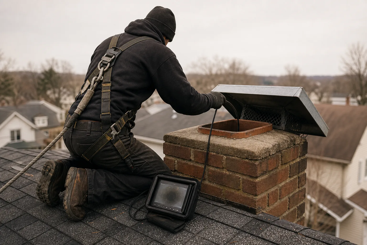 Chimney maintenance inspection in progress: a harnessed sweep feeding a camera cable down the clay flue tile from the roof