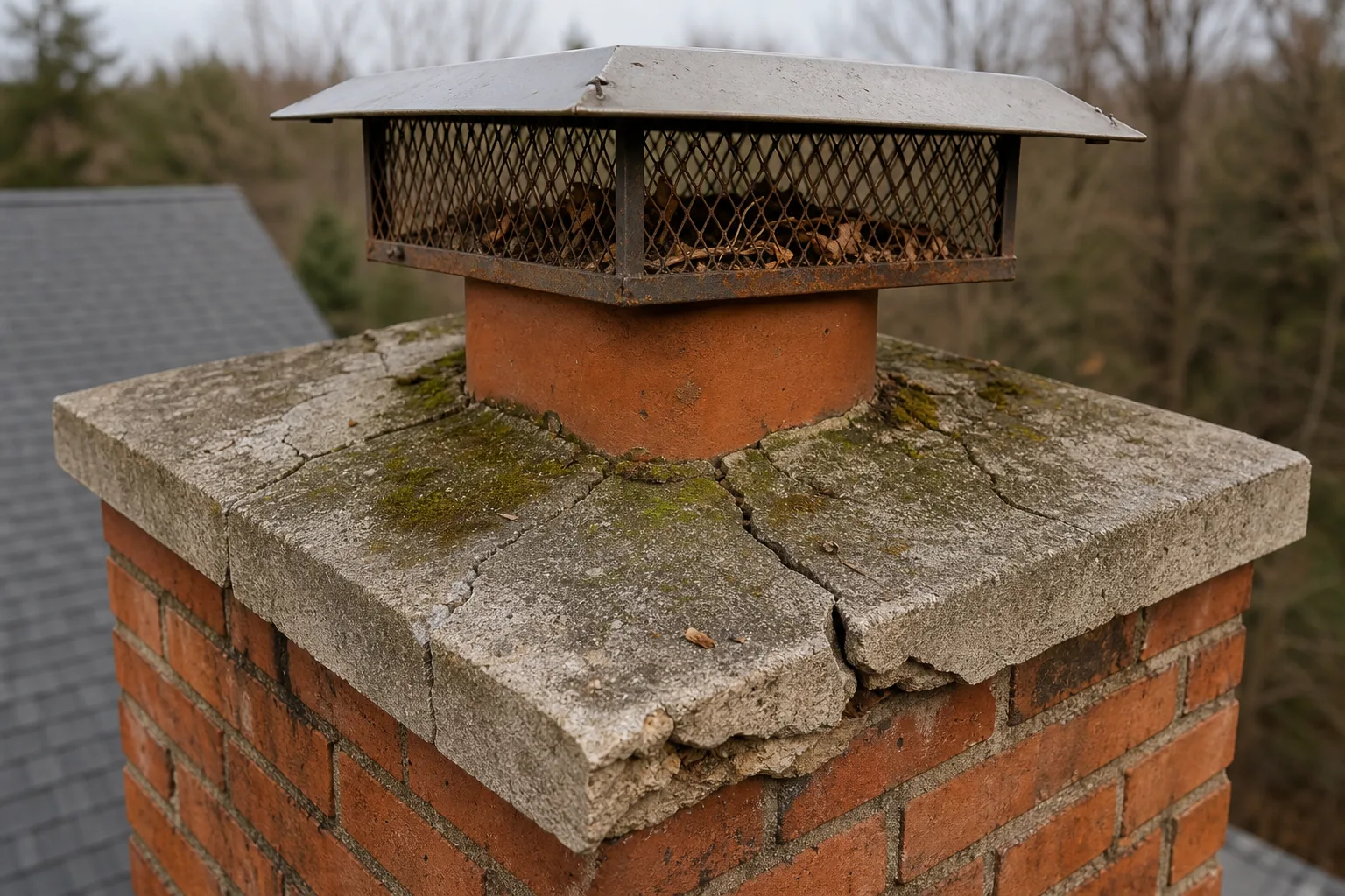 Chimney maintenance and water damage: a cracked concrete crown with moss, a chipped edge and a rusted mesh cap above the flue tile